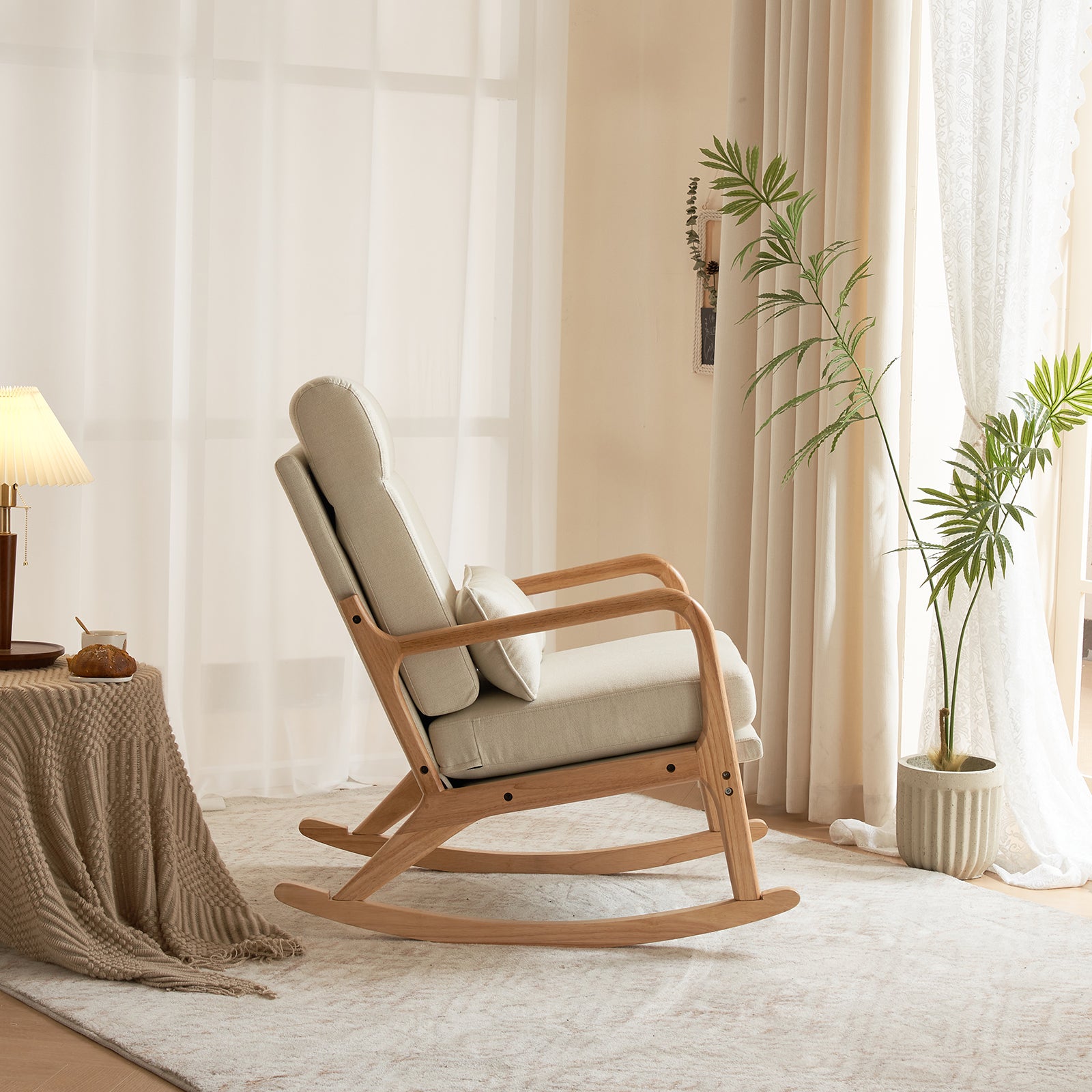 HAOYYE High Back Belt Waist Pillow Rocking Chair Armchair Dual Use Off-White Linen Soft Cozy Warm Flannel Fleece Solid Wood Armrest Backrest Iron Frame Indoor Seat for Living Room Bedroom Relaxation Comfortable Accent Chair