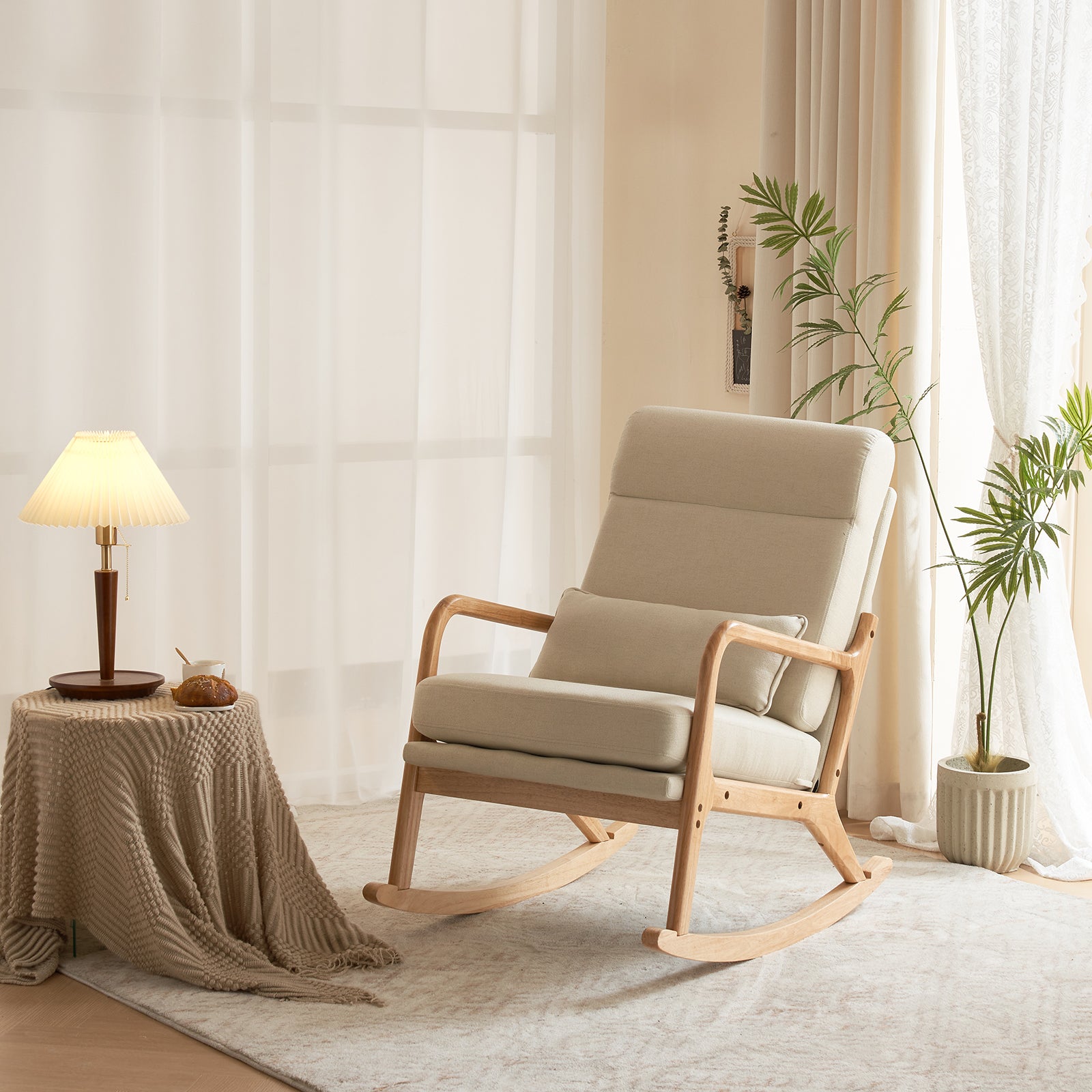 HAOYYE High Back Belt Waist Pillow Rocking Chair Armchair Dual Use Off-White Linen Soft Cozy Warm Flannel Fleece Solid Wood Armrest Backrest Iron Frame Indoor Seat for Living Room Bedroom Relaxation Comfortable Accent Chair