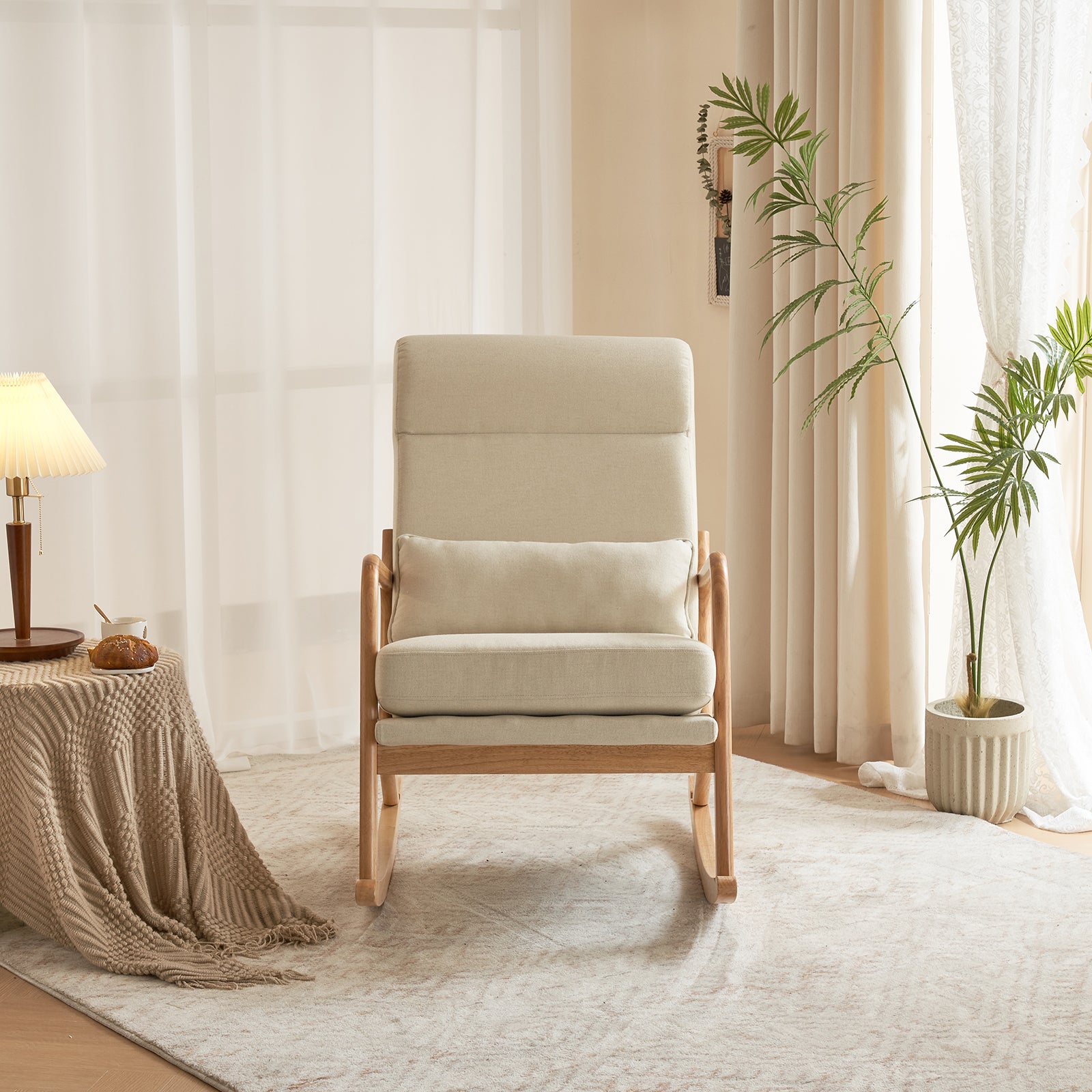 HAOYYE High Back Belt Waist Pillow Rocking Chair Armchair Dual Use Off-White Linen Soft Cozy Warm Flannel Fleece Solid Wood Armrest Backrest Iron Frame Indoor Seat for Living Room Bedroom Relaxation Comfortable Accent Chair