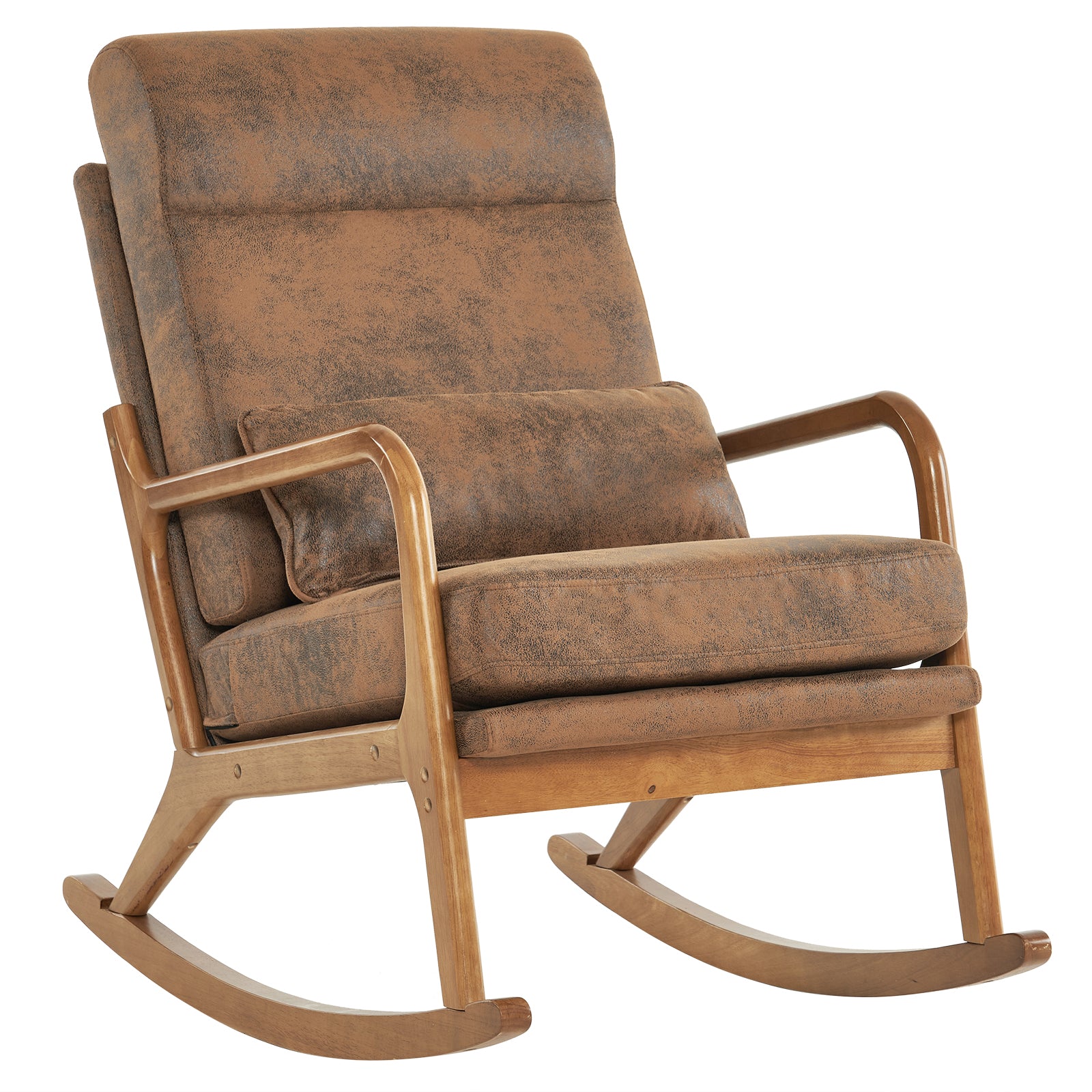 HAOYYE High Back Belt Waist Pillow Indoor Rocking Chair, Armchair Dual Use with Walnut Color Solid Wood Armrest, Backrest, and Iron Frame, Orange Bronzing Cloth Upholstery, Soft Cozy Warm Flannel for Maximum Comfort and Style