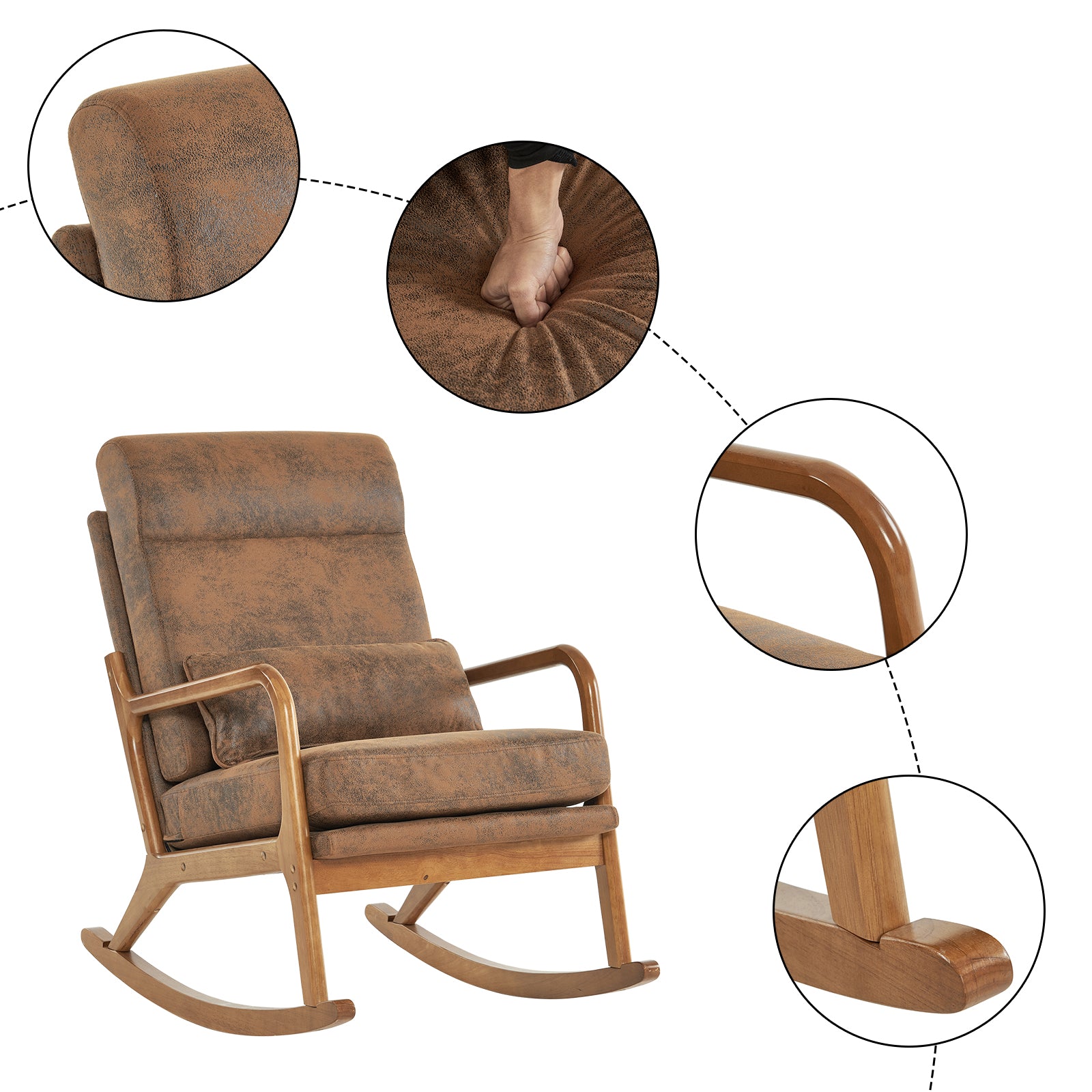HAOYYE High Back Belt Waist Pillow Indoor Rocking Chair, Armchair Dual Use with Walnut Color Solid Wood Armrest, Backrest, and Iron Frame, Orange Bronzing Cloth Upholstery, Soft Cozy Warm Flannel for Maximum Comfort and Style