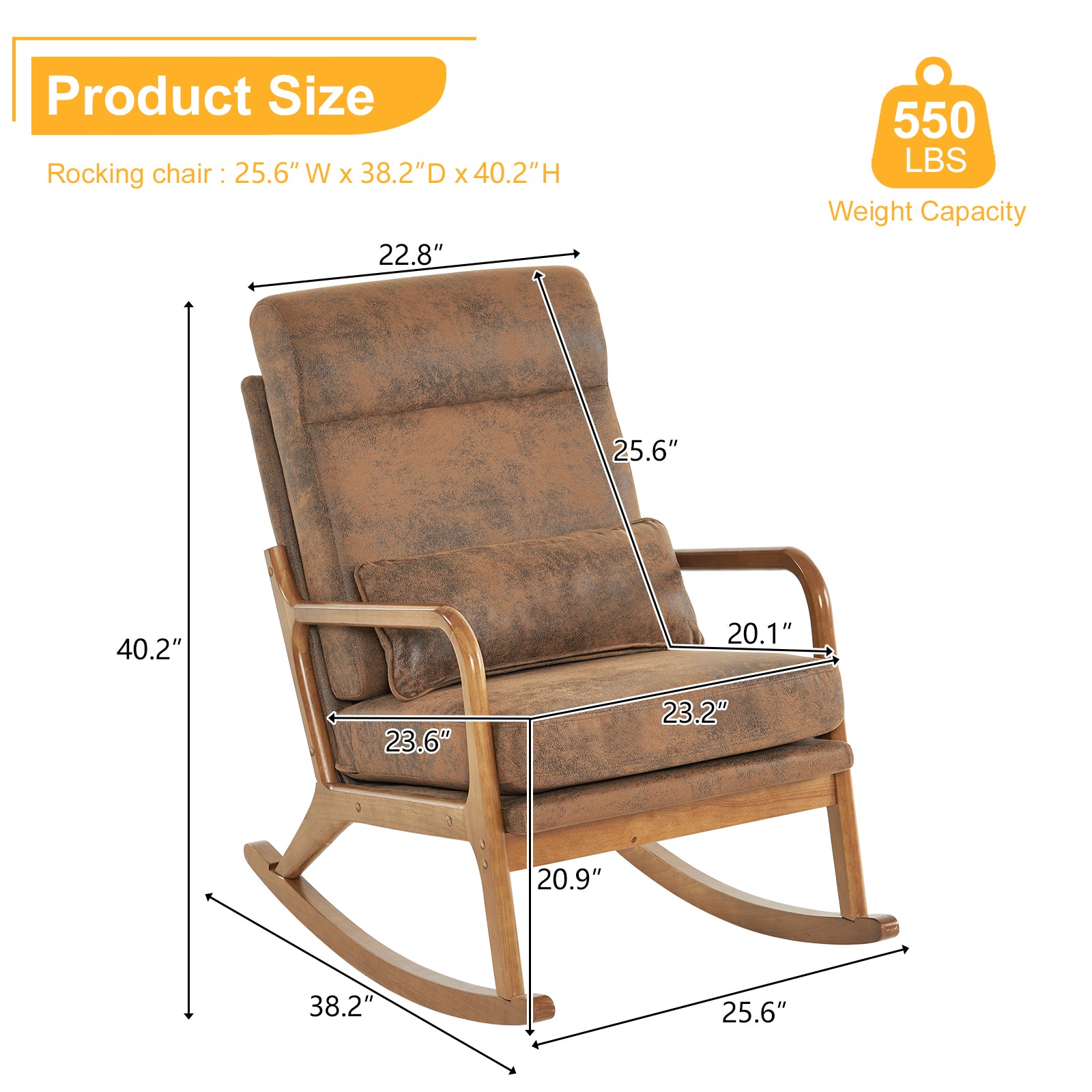 HAOYYE High Back Belt Waist Pillow Indoor Rocking Chair, Armchair Dual Use with Walnut Color Solid Wood Armrest, Backrest, and Iron Frame, Orange Bronzing Cloth Upholstery, Soft Cozy Warm Flannel for Maximum Comfort and Style