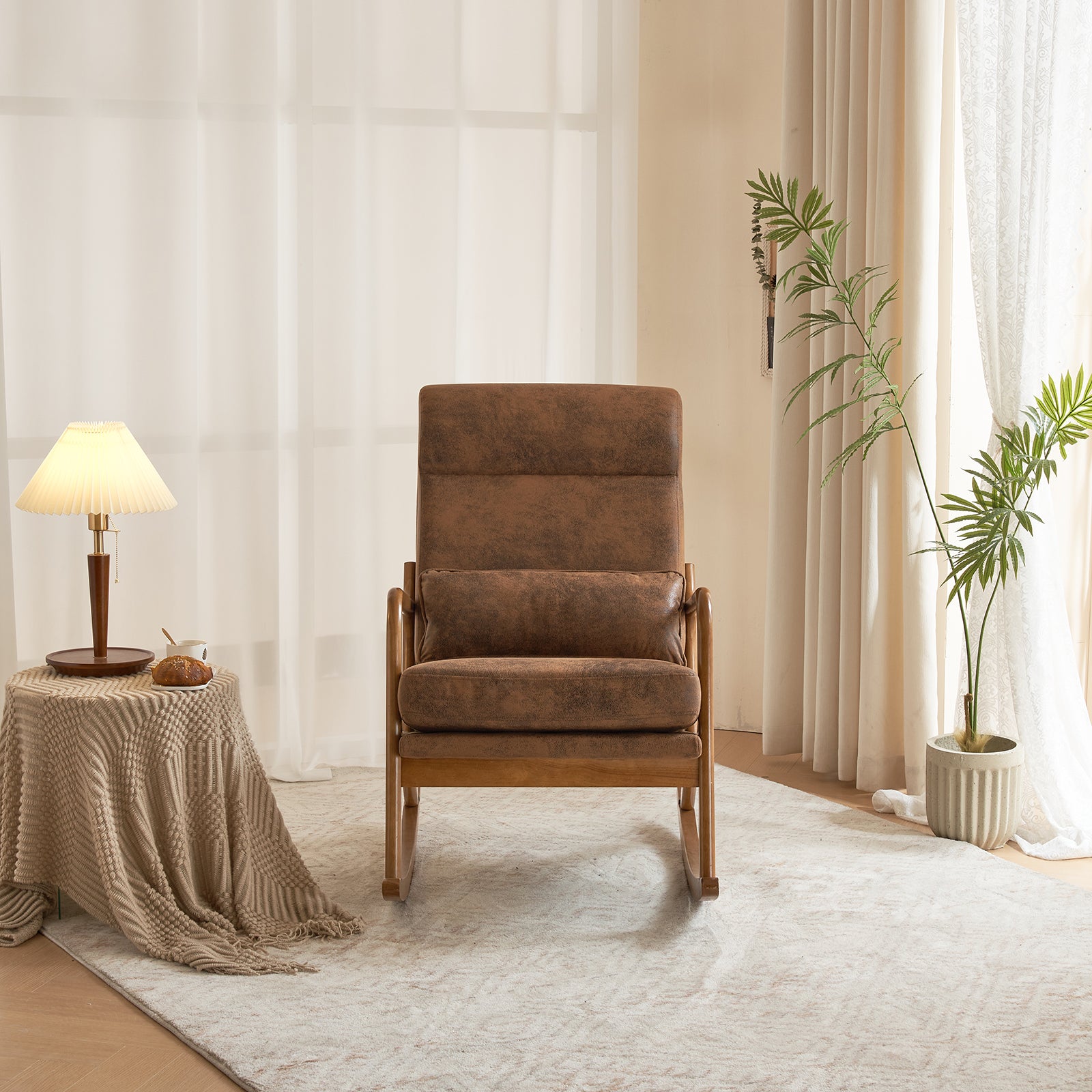 HAOYYE High Back Belt Waist Pillow Indoor Rocking Chair, Armchair Dual Use with Walnut Color Solid Wood Armrest, Backrest, and Iron Frame, Orange Bronzing Cloth Upholstery, Soft Cozy Warm Flannel for Maximum Comfort and Style