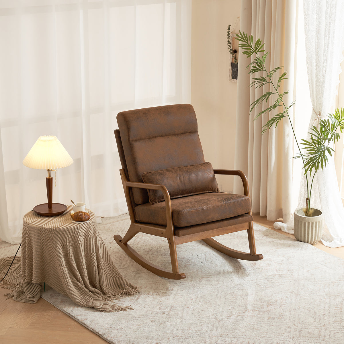 HAOYYE High Back Belt Waist Pillow Indoor Rocking Chair, Armchair Dual Use with Walnut Color Solid Wood Armrest, Backrest, and Iron Frame, Orange Bronzing Cloth Upholstery, Soft Cozy Warm Flannel for Maximum Comfort and Style