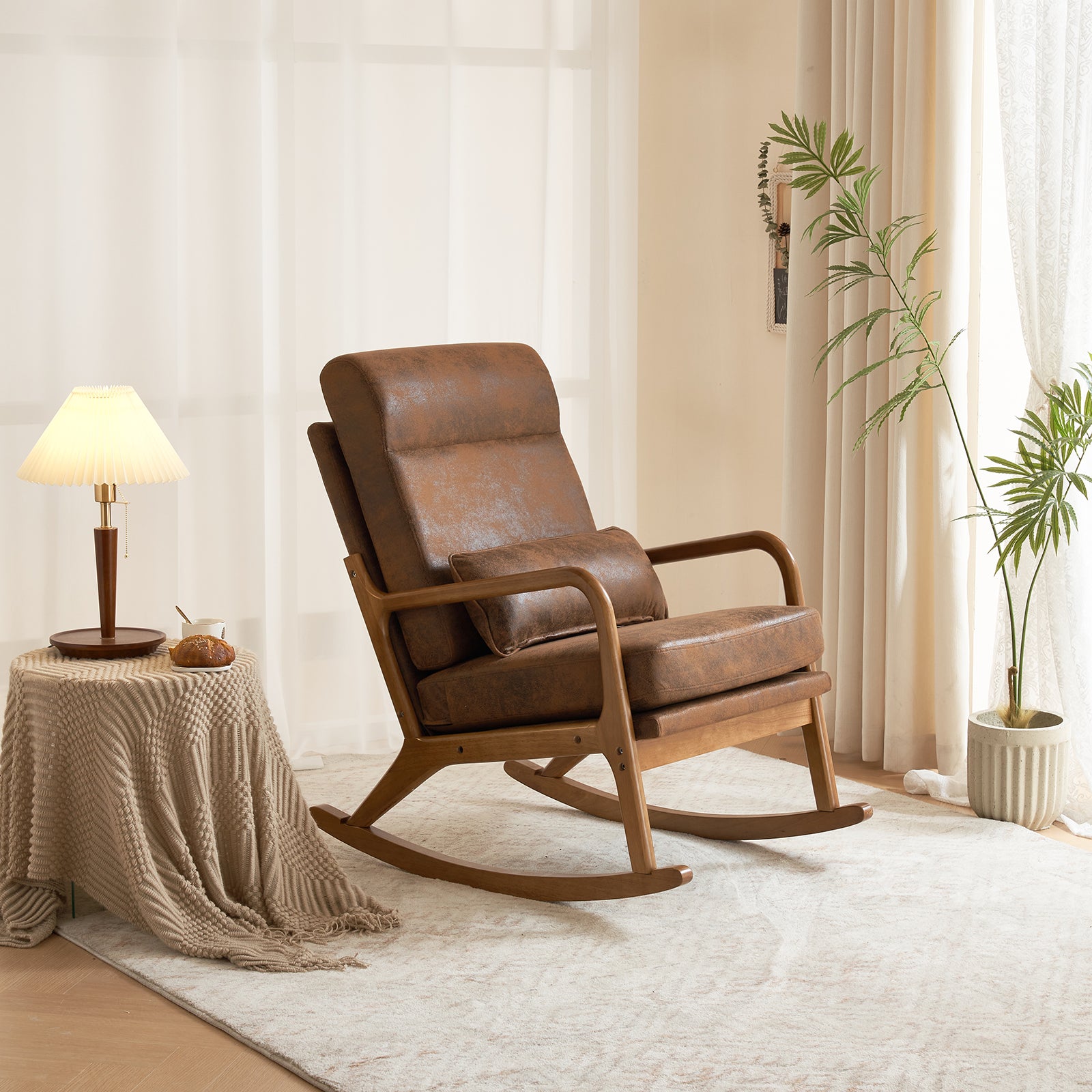 HAOYYE High Back Belt Waist Pillow Indoor Rocking Chair, Armchair Dual Use with Walnut Color Solid Wood Armrest, Backrest, and Iron Frame, Orange Bronzing Cloth Upholstery, Soft Cozy Warm Flannel for Maximum Comfort and Style
