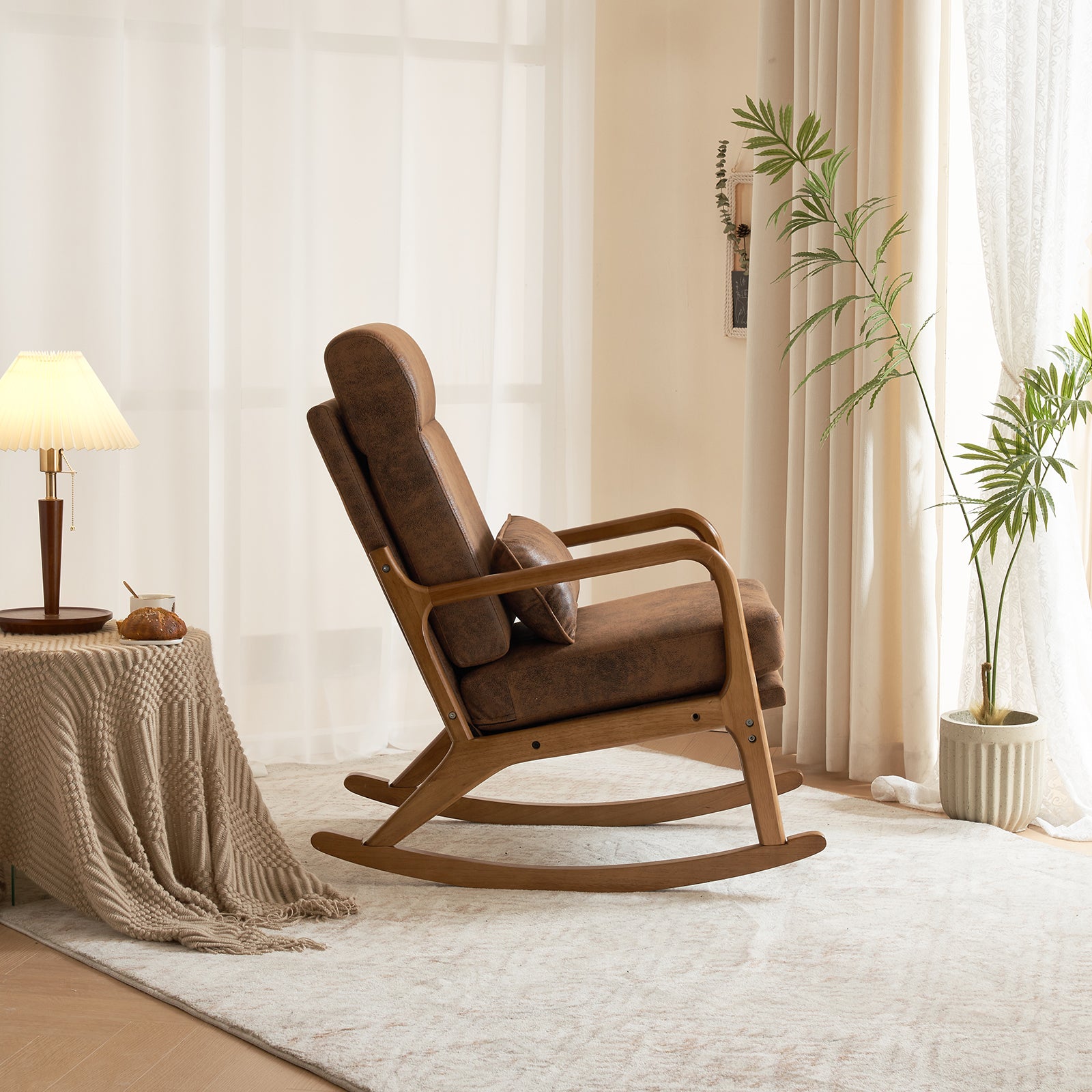 HAOYYE High Back Belt Waist Pillow Indoor Rocking Chair, Armchair Dual Use with Walnut Color Solid Wood Armrest, Backrest, and Iron Frame, Orange Bronzing Cloth Upholstery, Soft Cozy Warm Flannel for Maximum Comfort and Style