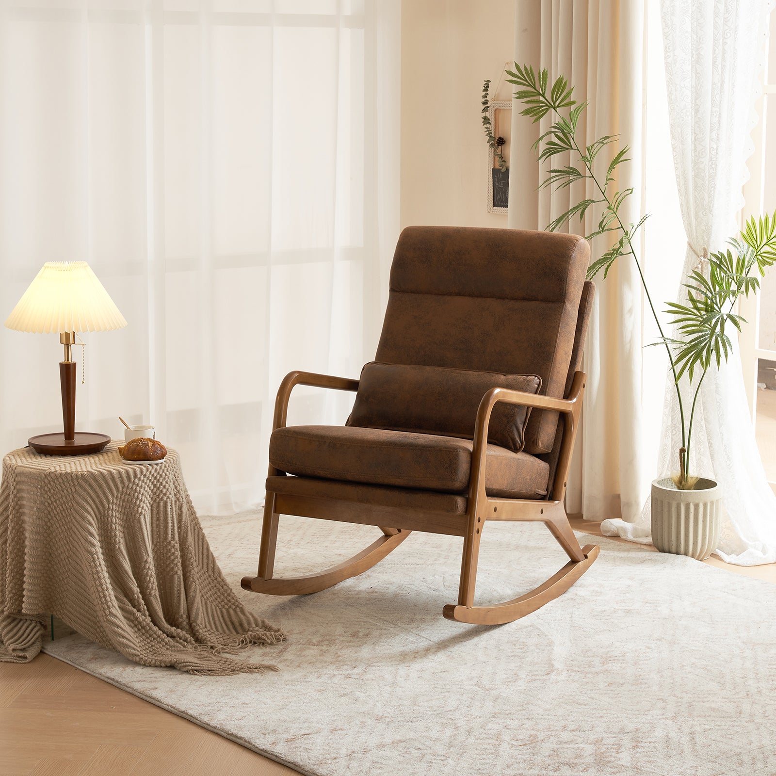 HAOYYE High Back Belt Waist Pillow Indoor Rocking Chair, Armchair Dual Use with Walnut Color Solid Wood Armrest, Backrest, and Iron Frame, Orange Bronzing Cloth Upholstery, Soft Cozy Warm Flannel for Maximum Comfort and Style