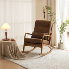 HAOYYE High Back Belt Waist Pillow Indoor Rocking Chair, Armchair Dual Use with Walnut Color Solid Wood Armrest, Backrest, and Iron Frame, Orange Bronzing Cloth Upholstery, Soft Cozy Warm Flannel for Maximum Comfort and Style
