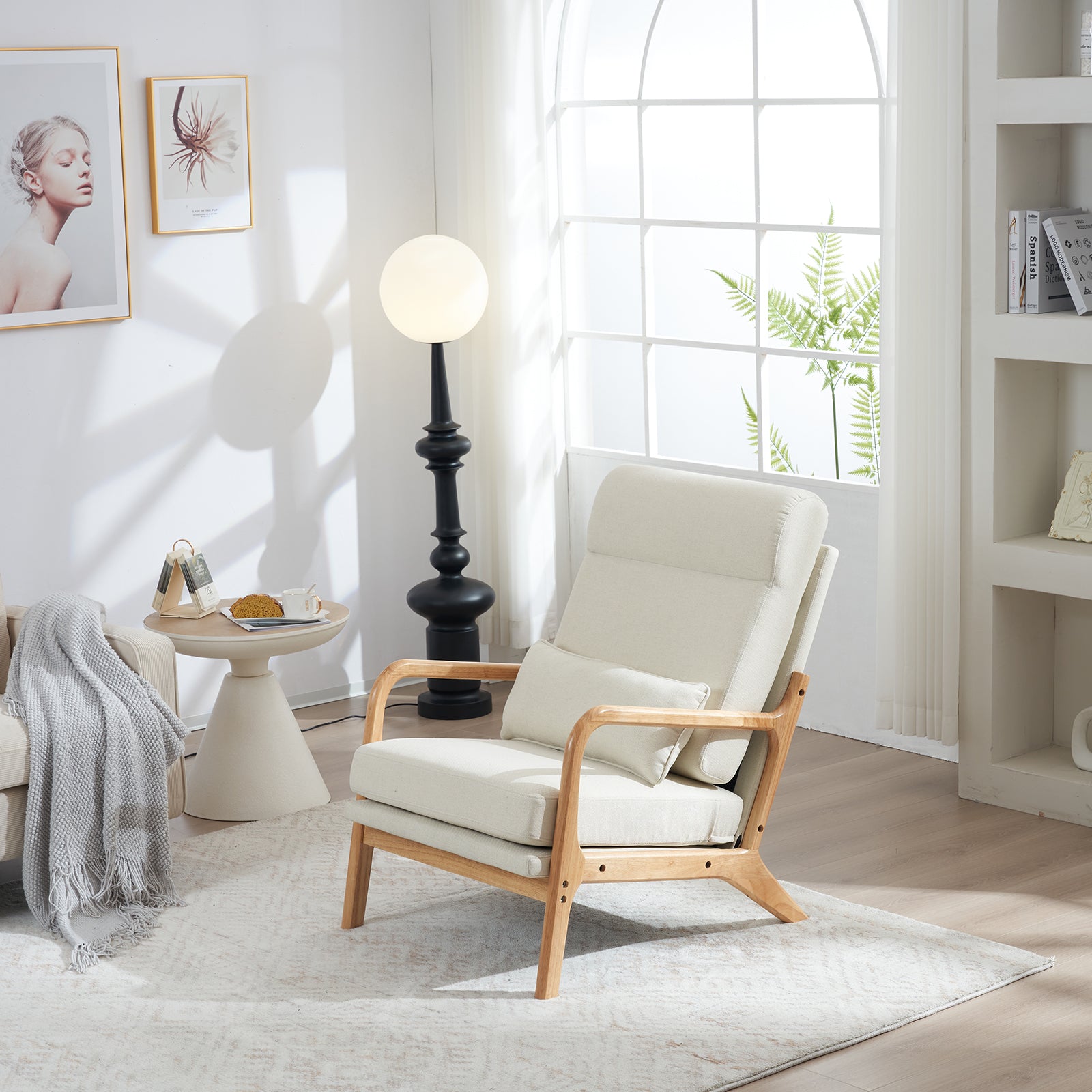 HAOYYE High Back Belt Waist Pillow Rocking Chair Armchair Dual Use Off-White Linen Soft Cozy Warm Flannel Fleece Solid Wood Armrest Backrest Iron Frame Indoor Seat for Living Room Bedroom Relaxation Comfortable Accent Chair
