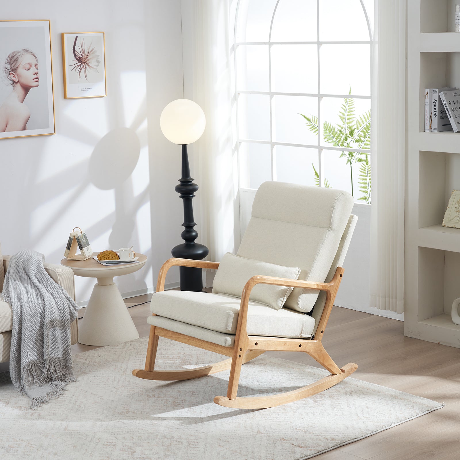 HAOYYE High Back Belt Waist Pillow Rocking Chair Armchair Dual Use Off-White Linen Soft Cozy Warm Flannel Fleece Solid Wood Armrest Backrest Iron Frame Indoor Seat for Living Room Bedroom Relaxation Comfortable Accent Chair