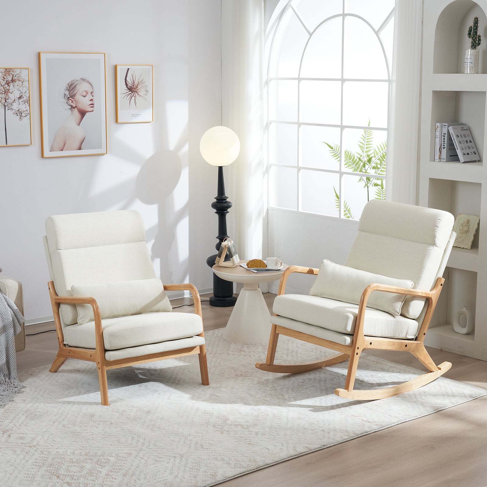 HAOYYE High Back Belt Waist Pillow Rocking Chair Armchair Dual Use Off-White Linen Soft Cozy Warm Flannel Fleece Solid Wood Armrest Backrest Iron Frame Indoor Seat for Living Room Bedroom Relaxation Comfortable Accent Chair