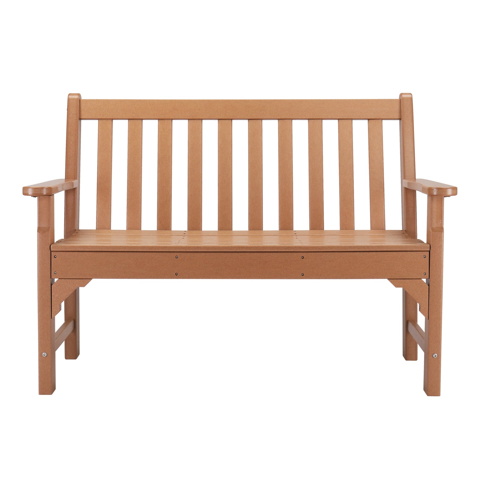 HAOYYE Vertical Backrest Teak Color HDPE Bench, Durable Outdoor Garden Bench with Sturdy Construction, Comfortable Seating for Patio, Porch, Backyard, or Garden, Space-Saving Design for Easy Setup and Relaxation