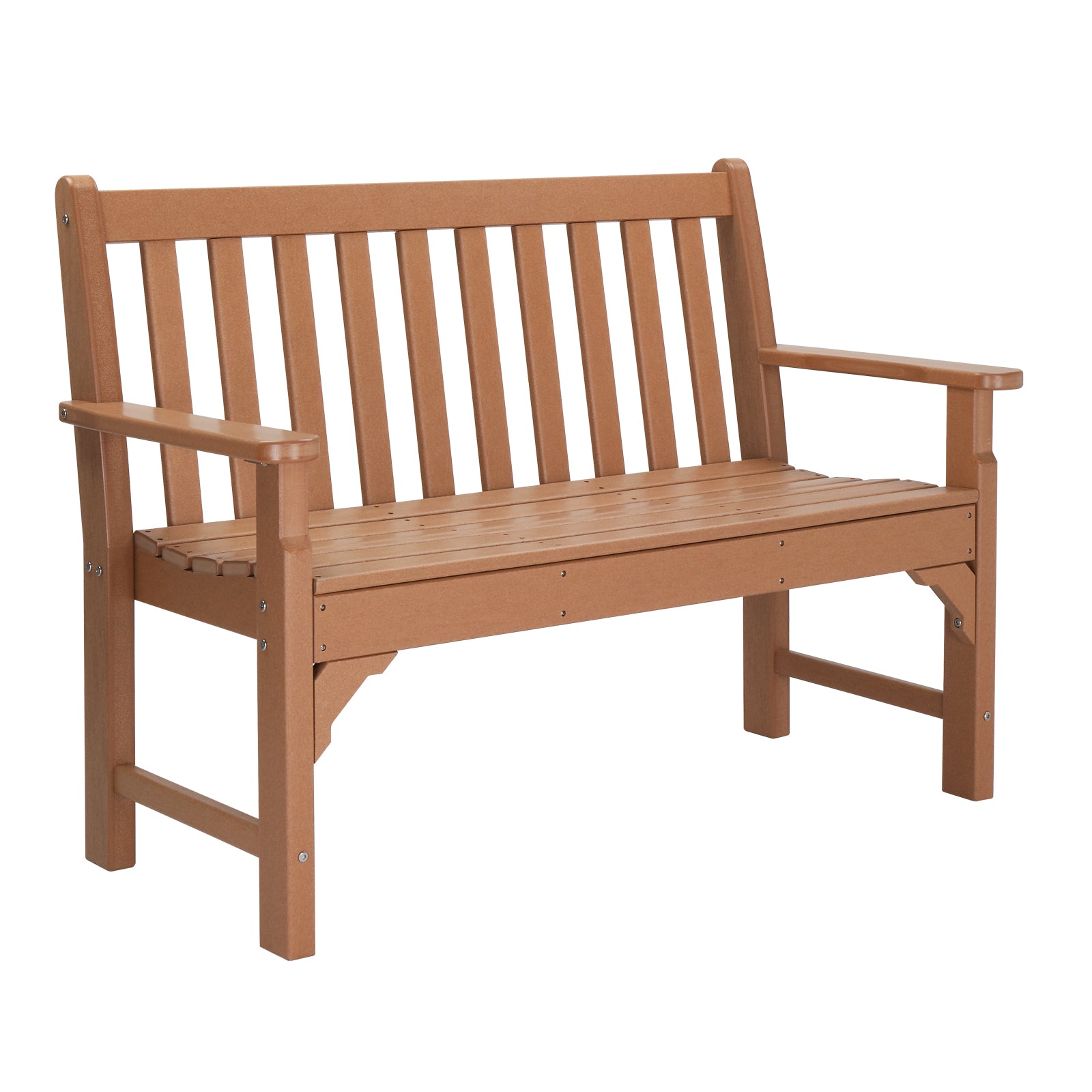 HAOYYE Vertical Backrest Teak Color HDPE Bench, Durable Outdoor Garden Bench with Sturdy Construction, Comfortable Seating for Patio, Porch, Backyard, or Garden, Space-Saving Design for Easy Setup and Relaxation