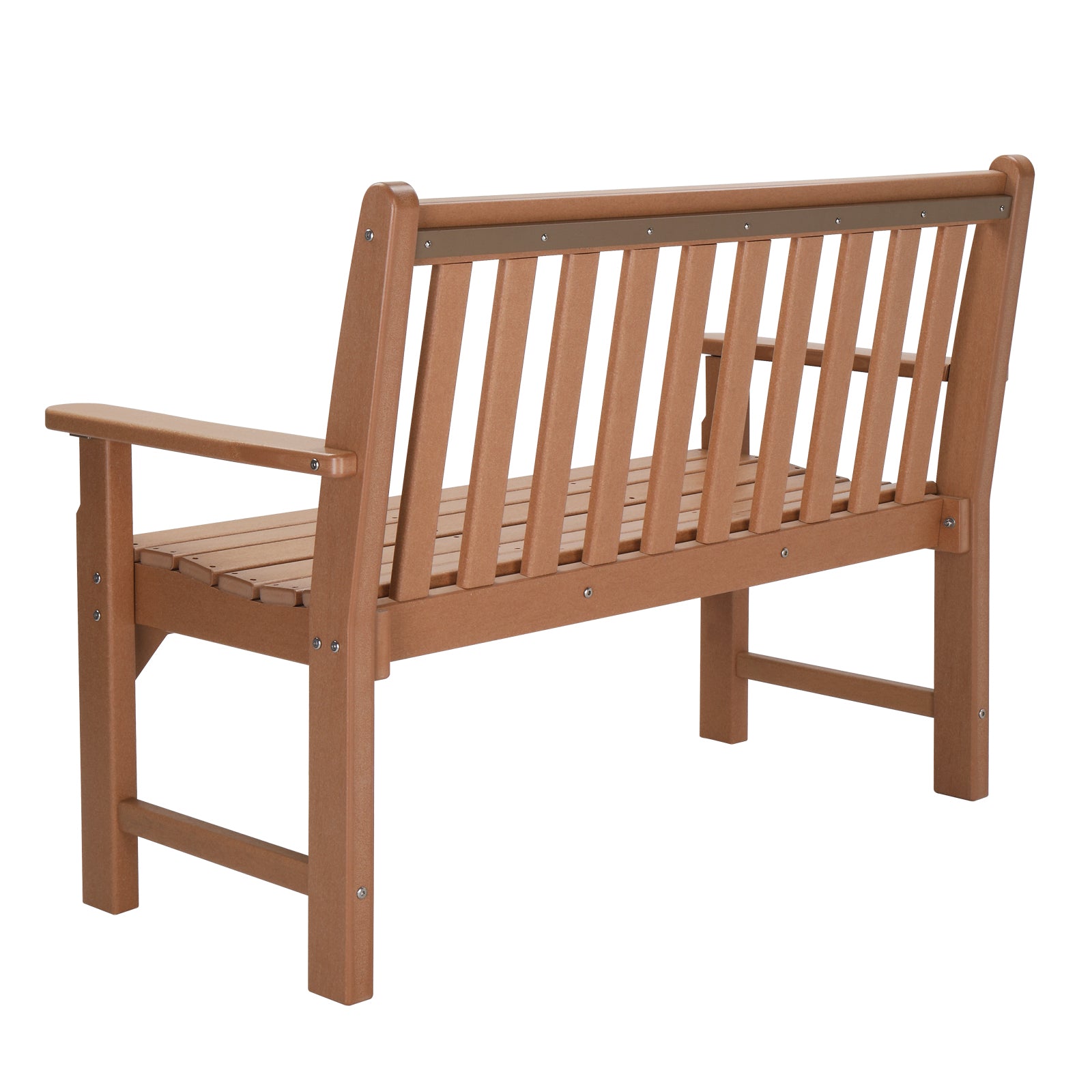 HAOYYE Vertical Backrest Teak Color HDPE Bench, Durable Outdoor Garden Bench with Sturdy Construction, Comfortable Seating for Patio, Porch, Backyard, or Garden, Space-Saving Design for Easy Setup and Relaxation