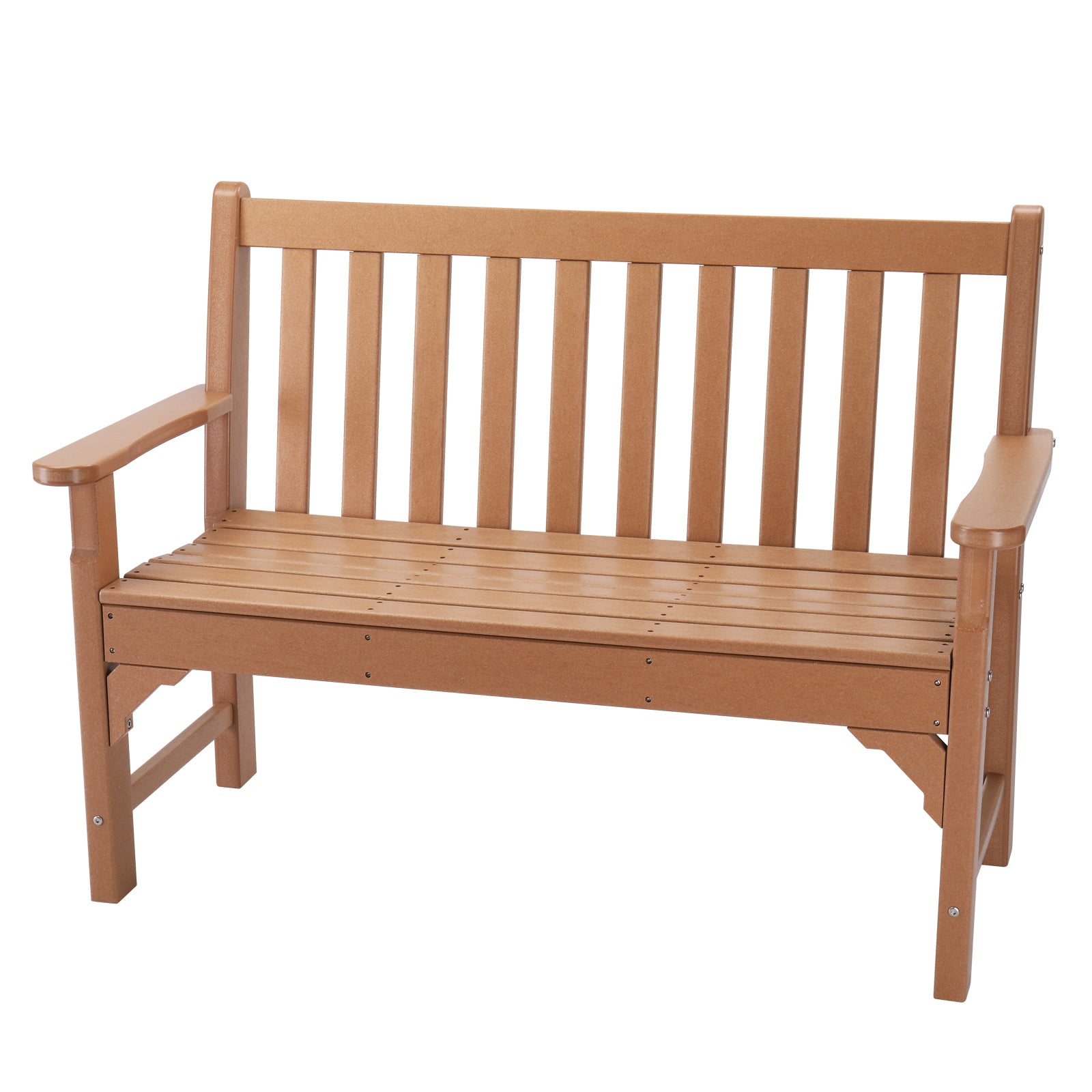 HAOYYE Vertical Backrest Teak Color HDPE Bench, Durable Outdoor Garden Bench with Sturdy Construction, Comfortable Seating for Patio, Porch, Backyard, or Garden, Space-Saving Design for Easy Setup and Relaxation