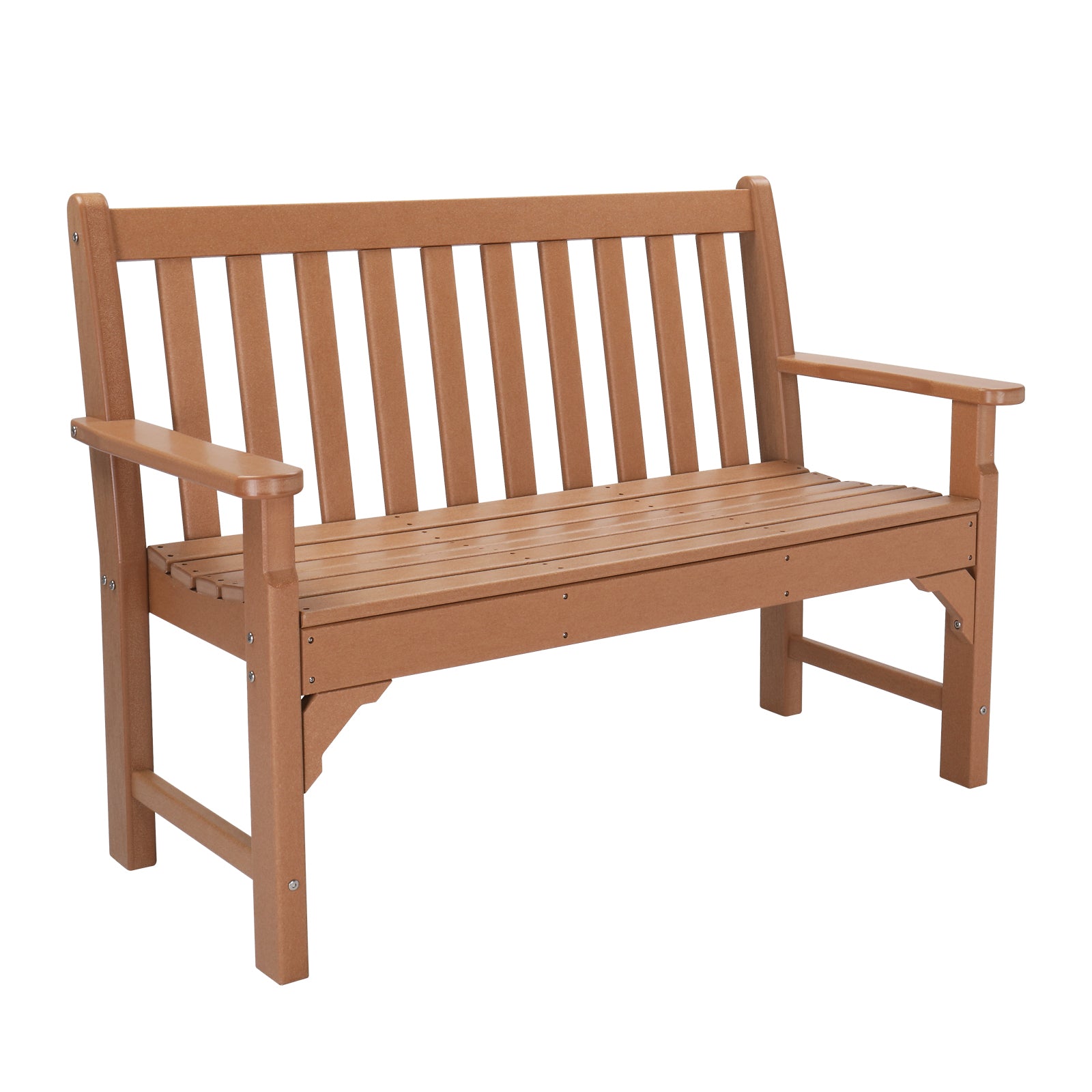 HAOYYE Vertical Backrest Teak Color HDPE Bench, Durable Outdoor Garden Bench with Sturdy Construction, Comfortable Seating for Patio, Porch, Backyard, or Garden, Space-Saving Design for Easy Setup and Relaxation