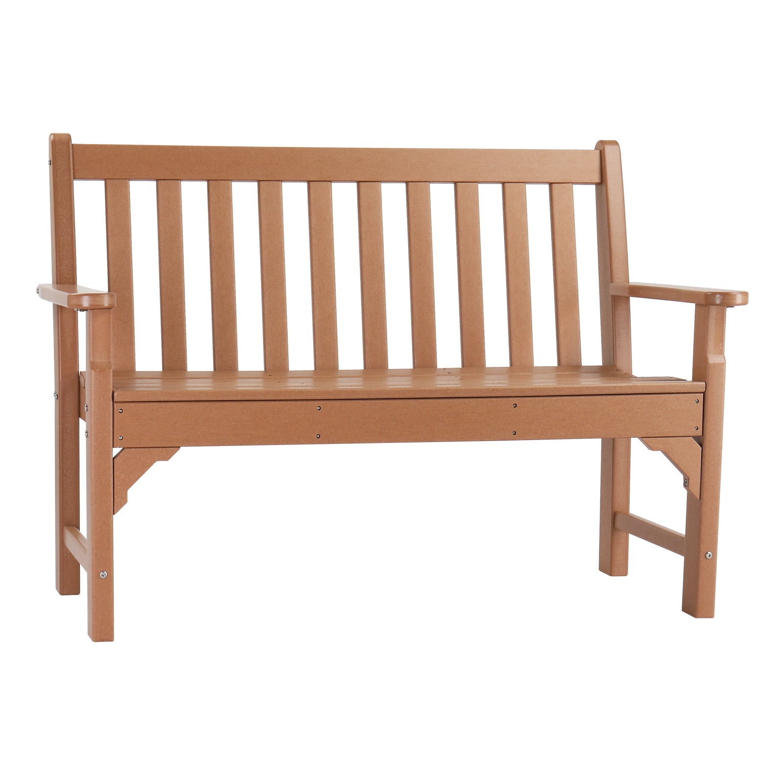 HAOYYE Vertical Backrest Teak Color HDPE Bench, Durable Outdoor Garden Bench with Sturdy Construction, Comfortable Seating for Patio, Porch, Backyard, or Garden, Space-Saving Design for Easy Setup and Relaxation