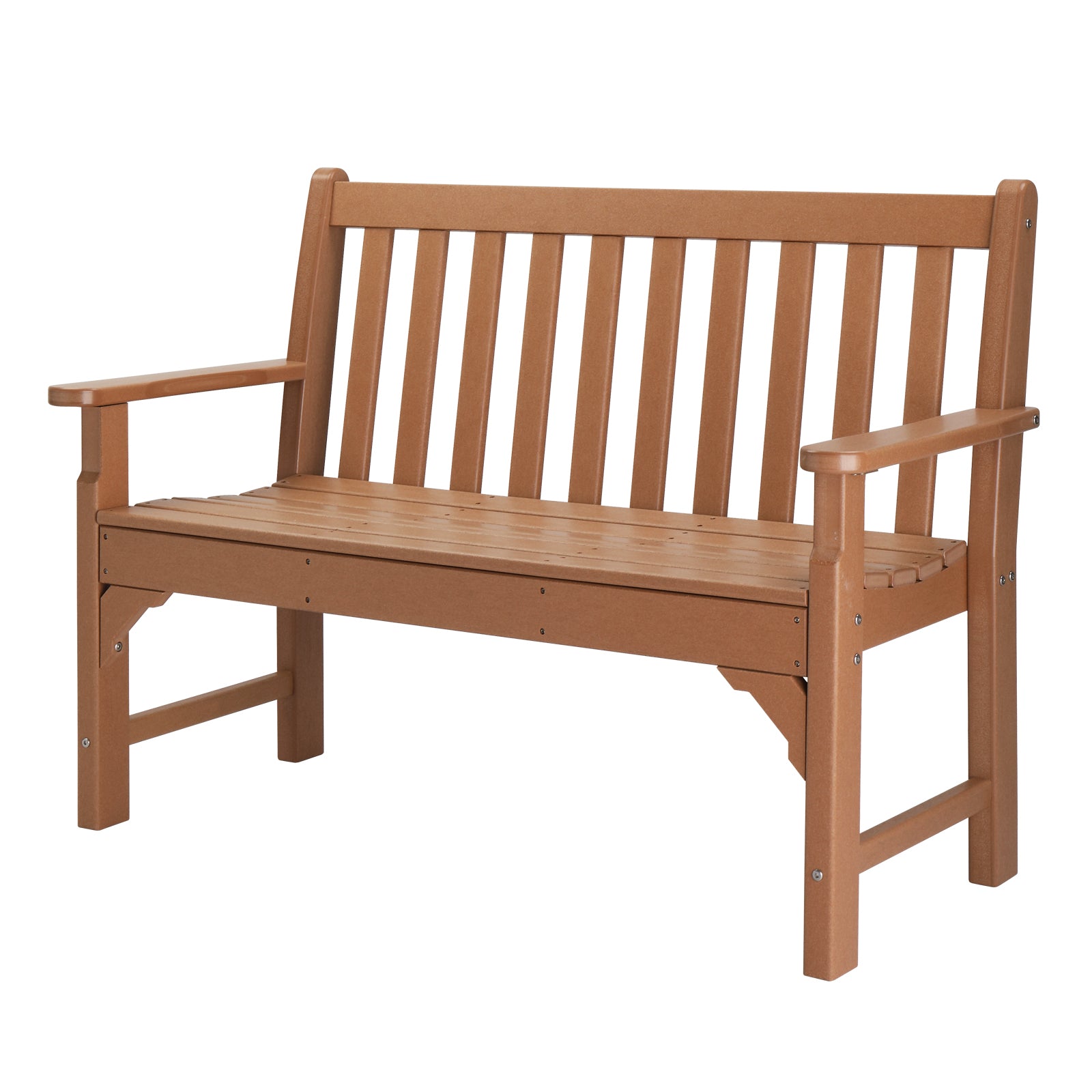 HAOYYE Vertical Backrest Teak Color HDPE Bench, Durable Outdoor Garden Bench with Sturdy Construction, Comfortable Seating for Patio, Porch, Backyard, or Garden, Space-Saving Design for Easy Setup and Relaxation
