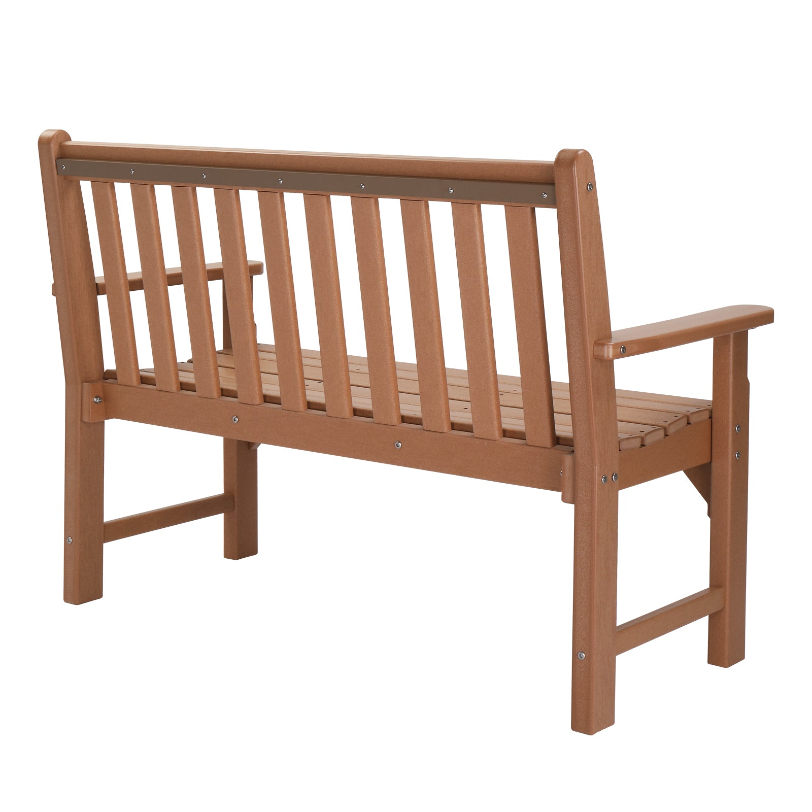 HAOYYE Vertical Backrest Teak Color HDPE Bench, Durable Outdoor Garden Bench with Sturdy Construction, Comfortable Seating for Patio, Porch, Backyard, or Garden, Space-Saving Design for Easy Setup and Relaxation