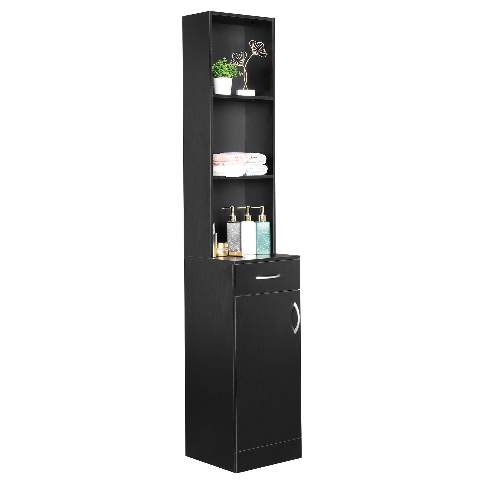 HAOYYE Black Bathroom Wall Cabinet with One Door One Drawer and Three Open Compartments MDF with Triamine Finish Hanging Storage Cabinet Organizer for Bathroom Entryway or Laundry Room Modern Space-Saving Design