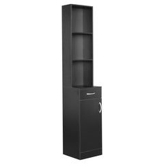 HAOYYE Black Bathroom Wall Cabinet with One Door One Drawer and Three Open Compartments MDF with Triamine Finish Hanging Storage Cabinet Organizer for Bathroom Entryway or Laundry Room Modern Space-Saving Design