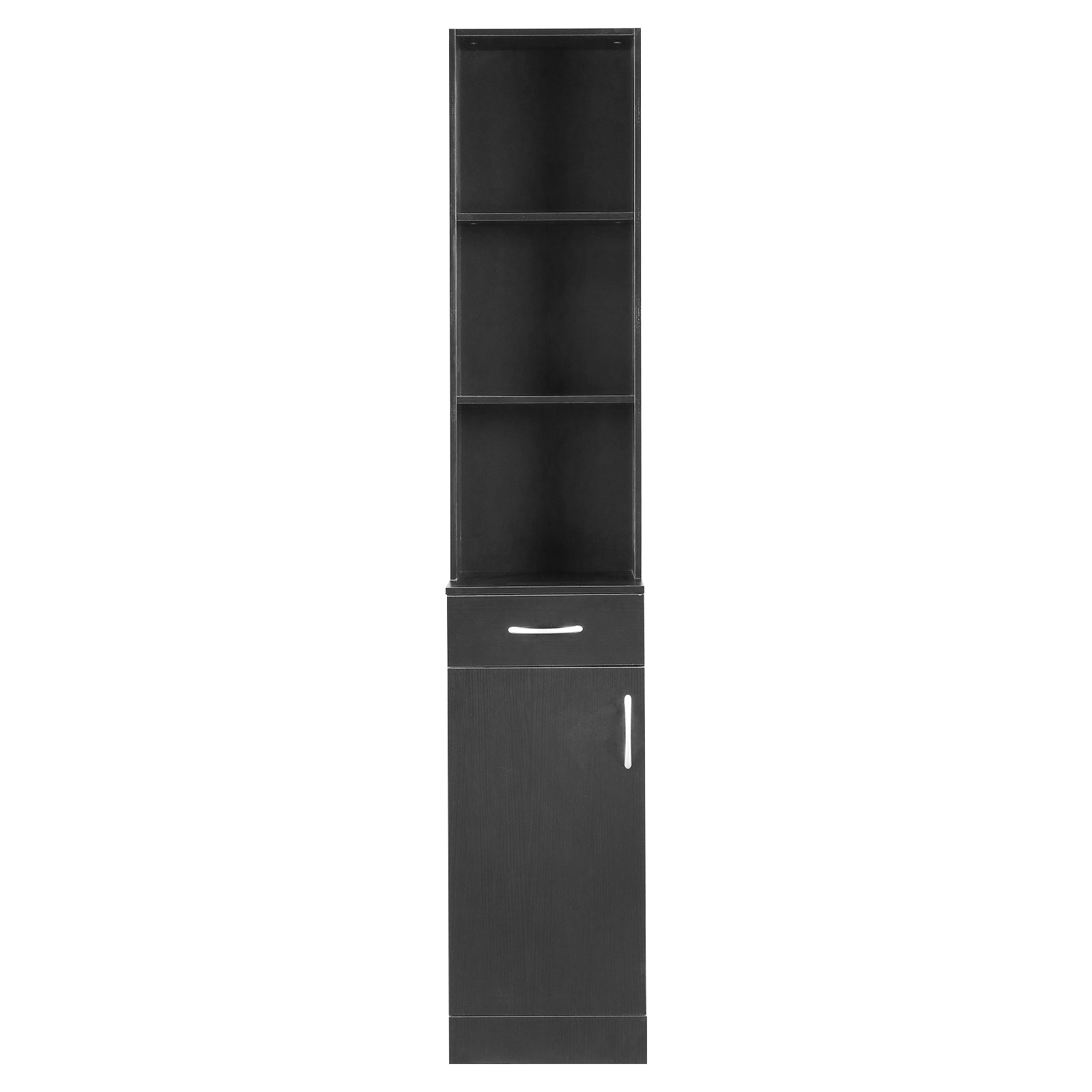 HAOYYE Black Bathroom Wall Cabinet with One Door One Drawer and Three Open Compartments MDF with Triamine Finish Hanging Storage Cabinet Organizer for Bathroom Entryway or Laundry Room Modern Space-Saving Design