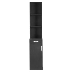 HAOYYE Black Bathroom Wall Cabinet with One Door One Drawer and Three Open Compartments MDF with Triamine Finish Hanging Storage Cabinet Organizer for Bathroom Entryway or Laundry Room Modern Space-Saving Design