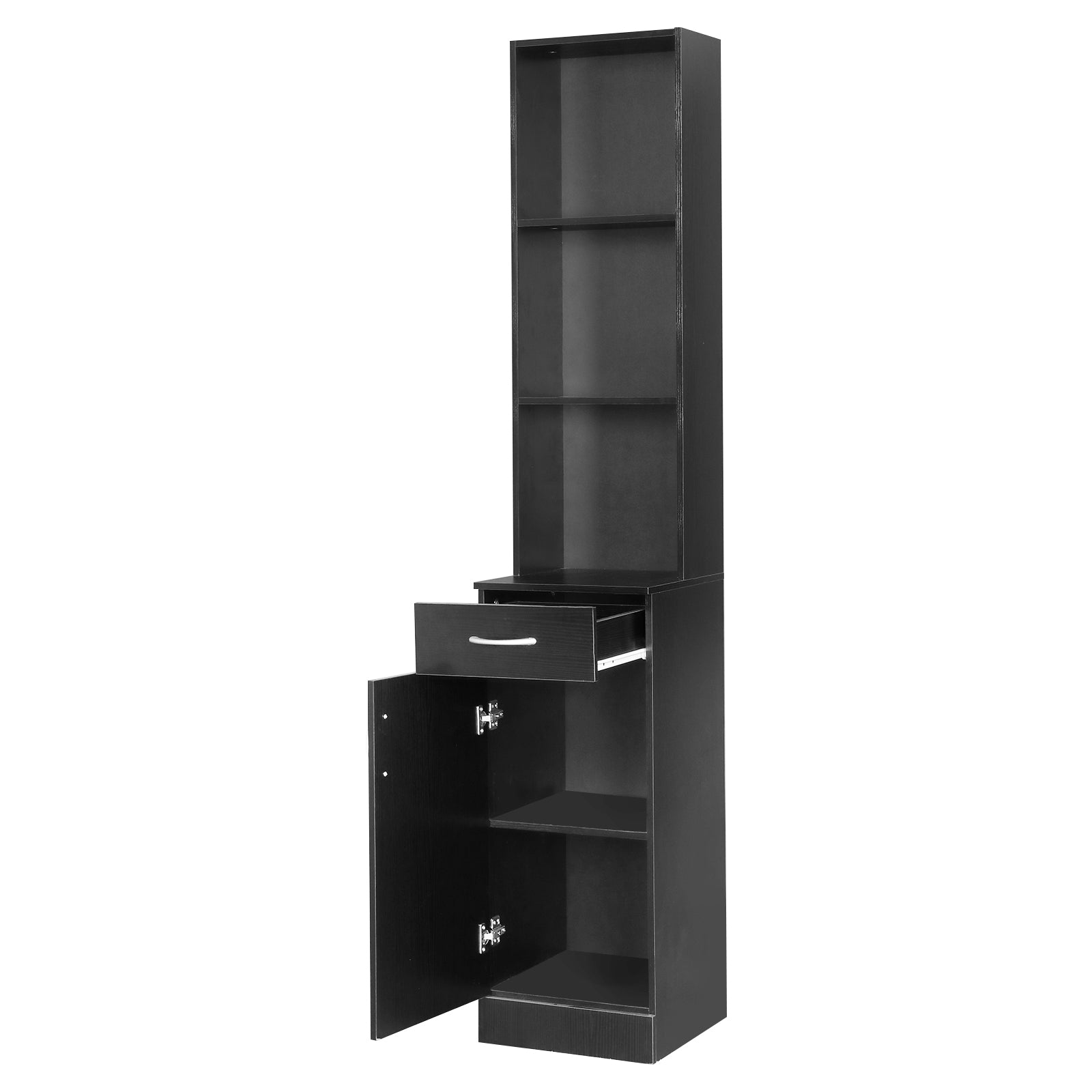 HAOYYE Black Bathroom Wall Cabinet with One Door One Drawer and Three Open Compartments MDF with Triamine Finish Hanging Storage Cabinet Organizer for Bathroom Entryway or Laundry Room Modern Space-Saving Design