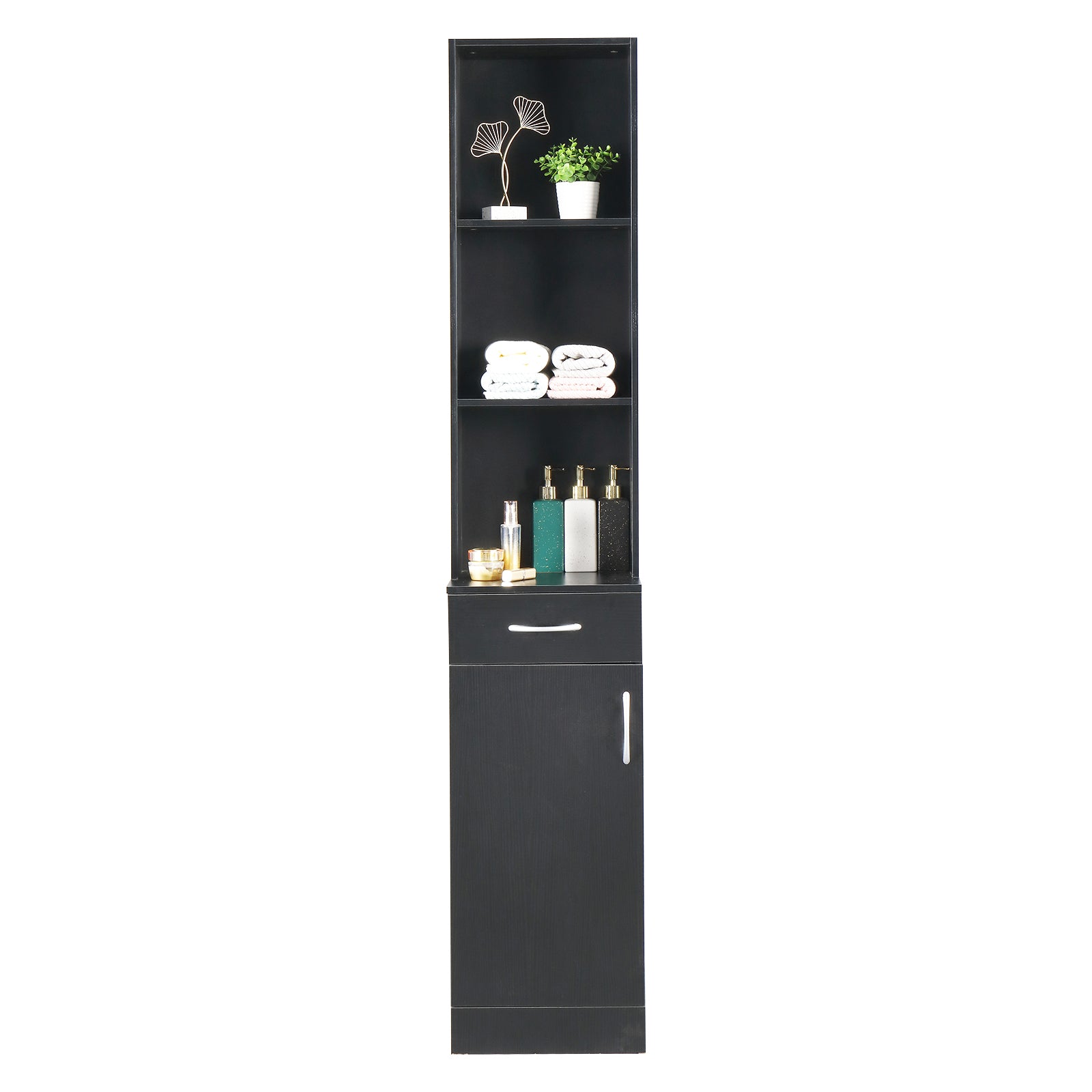 HAOYYE Black Bathroom Wall Cabinet with One Door One Drawer and Three Open Compartments MDF with Triamine Finish Hanging Storage Cabinet Organizer for Bathroom Entryway or Laundry Room Modern Space-Saving Design