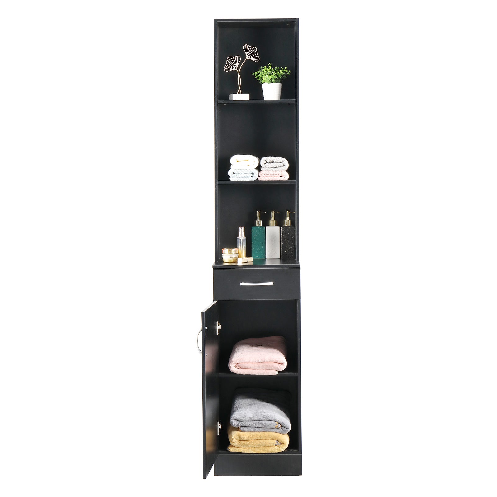 HAOYYE Black Bathroom Wall Cabinet with One Door One Drawer and Three Open Compartments MDF with Triamine Finish Hanging Storage Cabinet Organizer for Bathroom Entryway or Laundry Room Modern Space-Saving Design