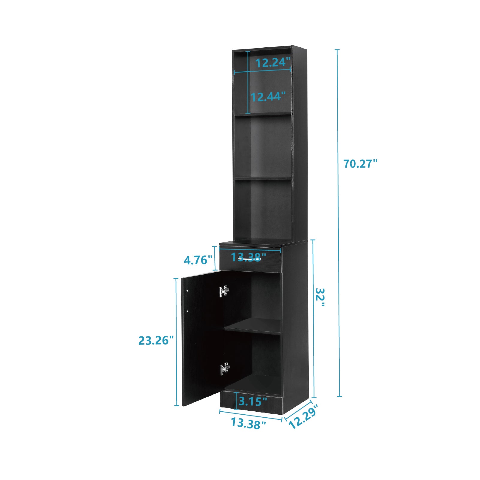 HAOYYE Black Bathroom Wall Cabinet with One Door One Drawer and Three Open Compartments MDF with Triamine Finish Hanging Storage Cabinet Organizer for Bathroom Entryway or Laundry Room Modern Space-Saving Design
