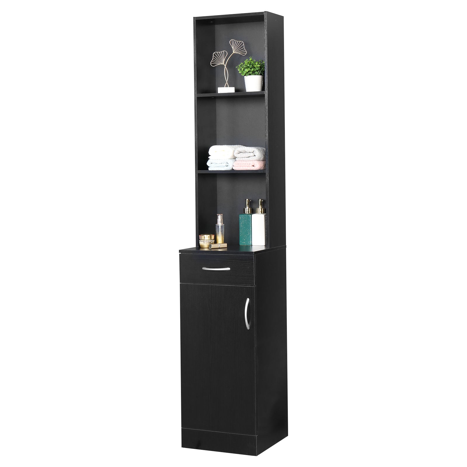 HAOYYE Black Bathroom Wall Cabinet with One Door One Drawer and Three Open Compartments MDF with Triamine Finish Hanging Storage Cabinet Organizer for Bathroom Entryway or Laundry Room Modern Space-Saving Design