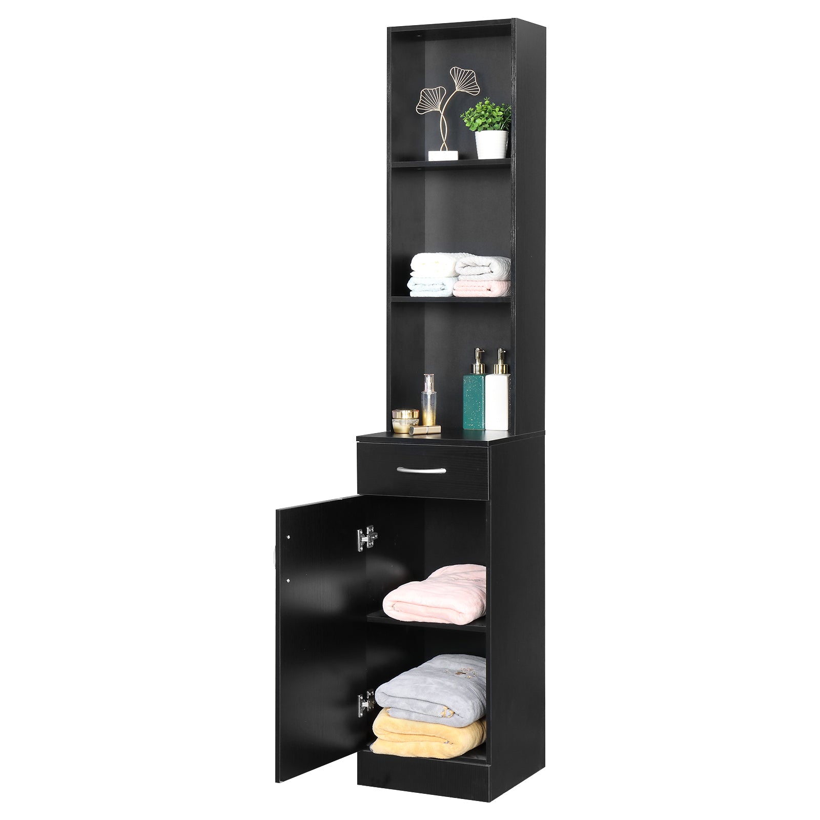 HAOYYE Black Bathroom Wall Cabinet with One Door One Drawer and Three Open Compartments MDF with Triamine Finish Hanging Storage Cabinet Organizer for Bathroom Entryway or Laundry Room Modern Space-Saving Design