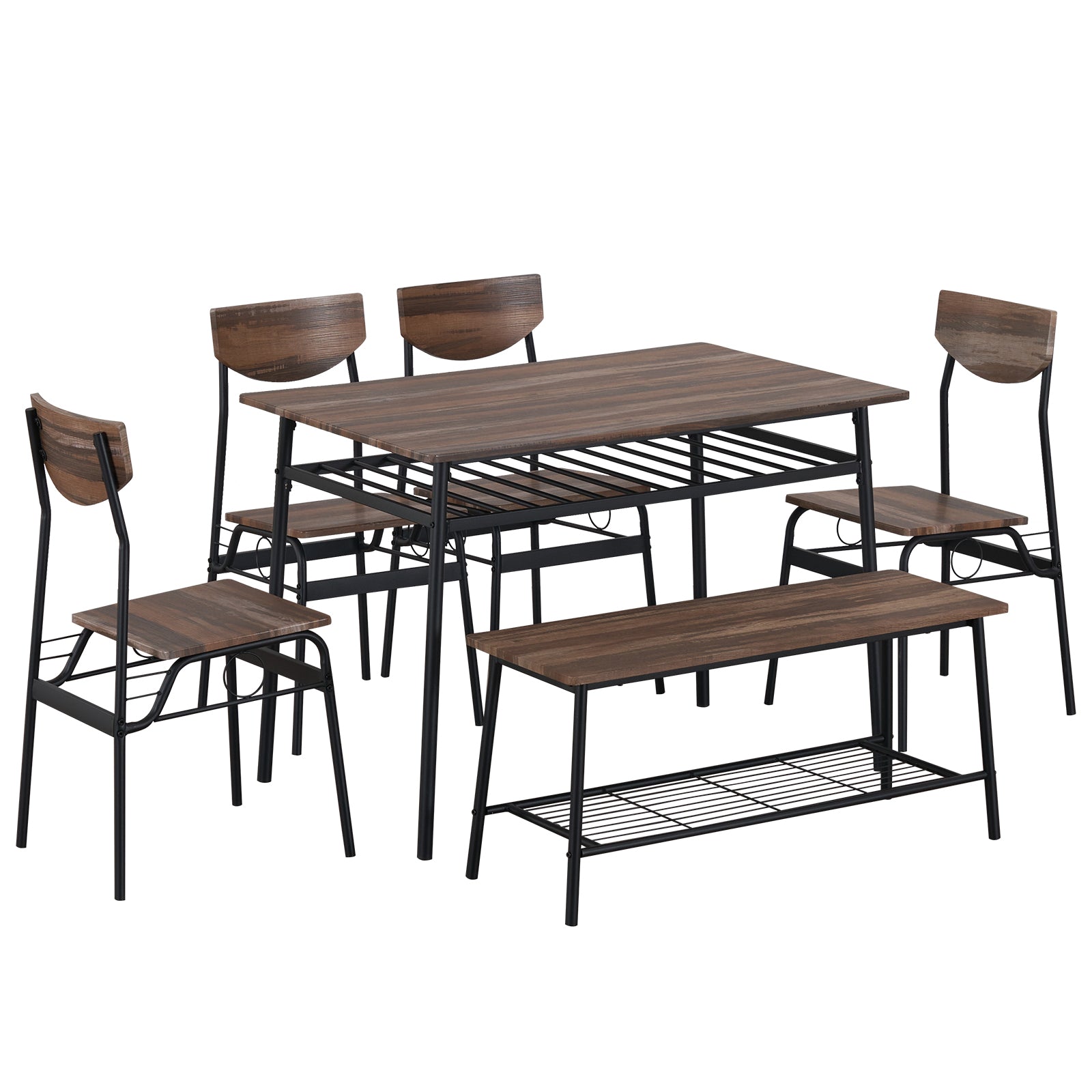HAOYYE 6-Piece Modern Dining Set for Home Kitchen Dining Room with Storage Racks Rectangular Table Bench 4 Chairs Steel Frame
