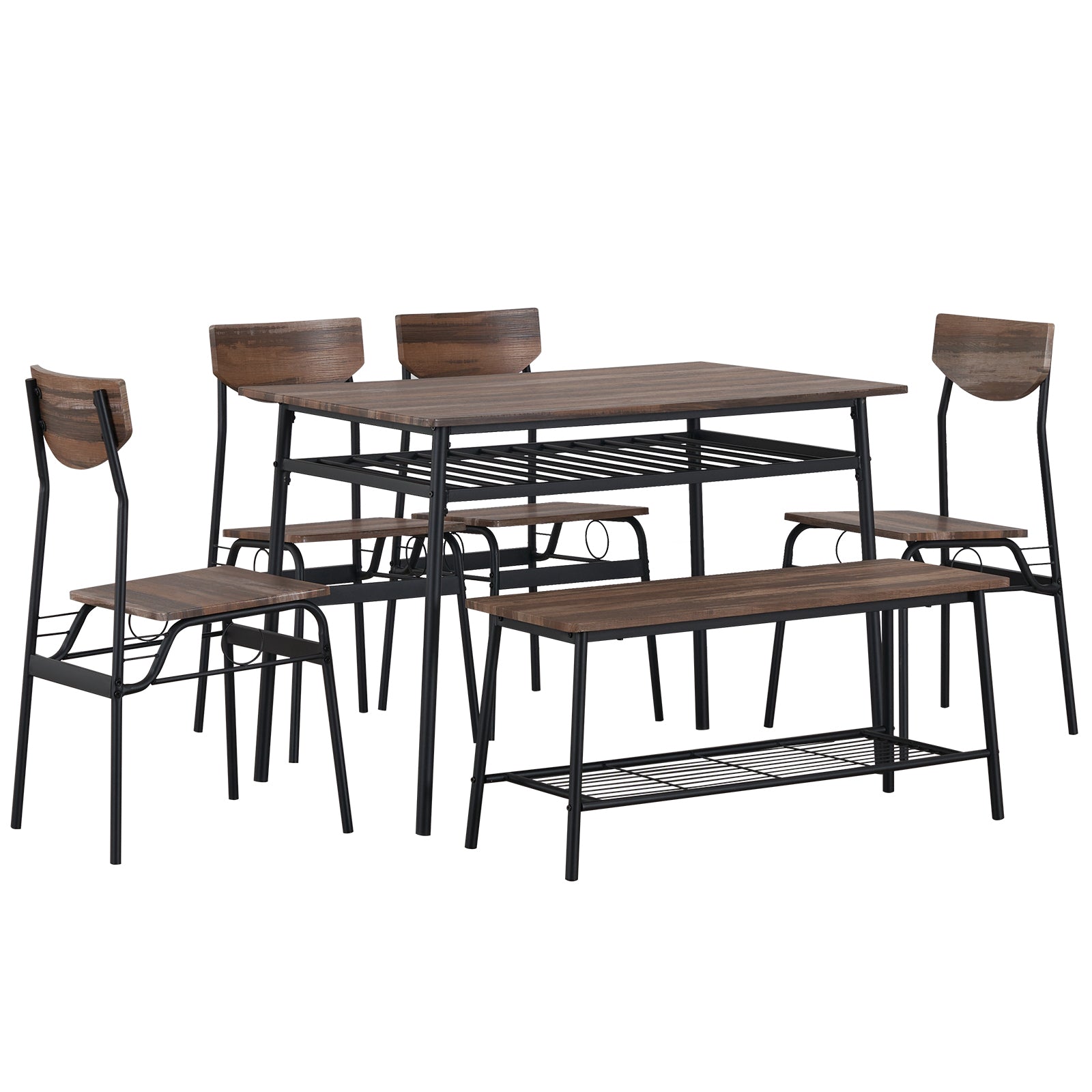 HAOYYE 6-Piece Modern Dining Set for Home Kitchen Dining Room with Storage Racks Rectangular Table Bench 4 Chairs Steel Frame