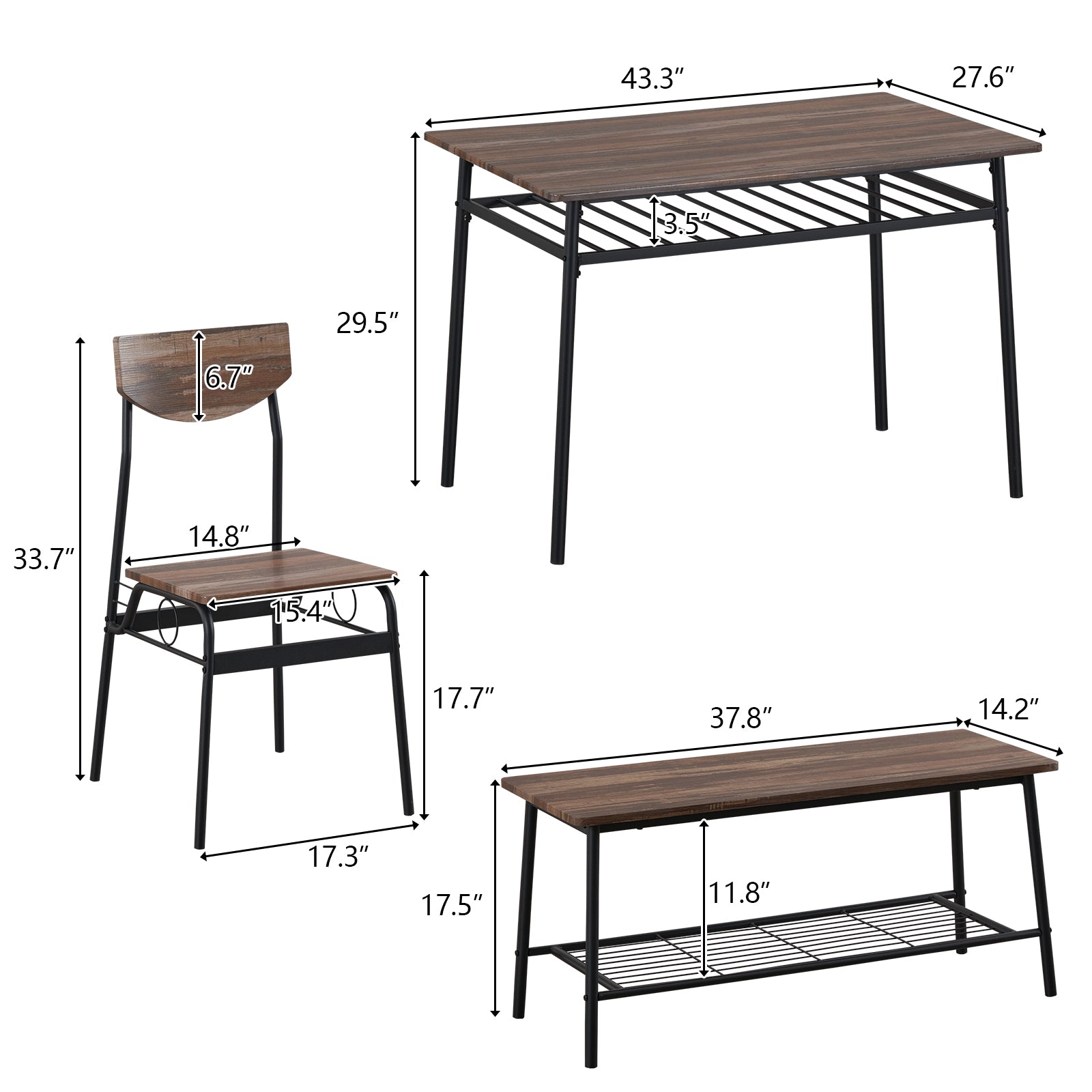 HAOYYE 6-Piece Modern Dining Set for Home Kitchen Dining Room with Storage Racks Rectangular Table Bench 4 Chairs Steel Frame