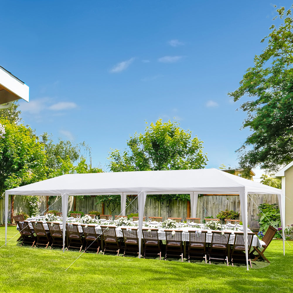 HAOYYE 10x30ft White Outdoor Party Tent Waterproof PE Canopy with Iron Frame, Stable Spiral Pipe Design for Wedding Event Market Backyard Setup