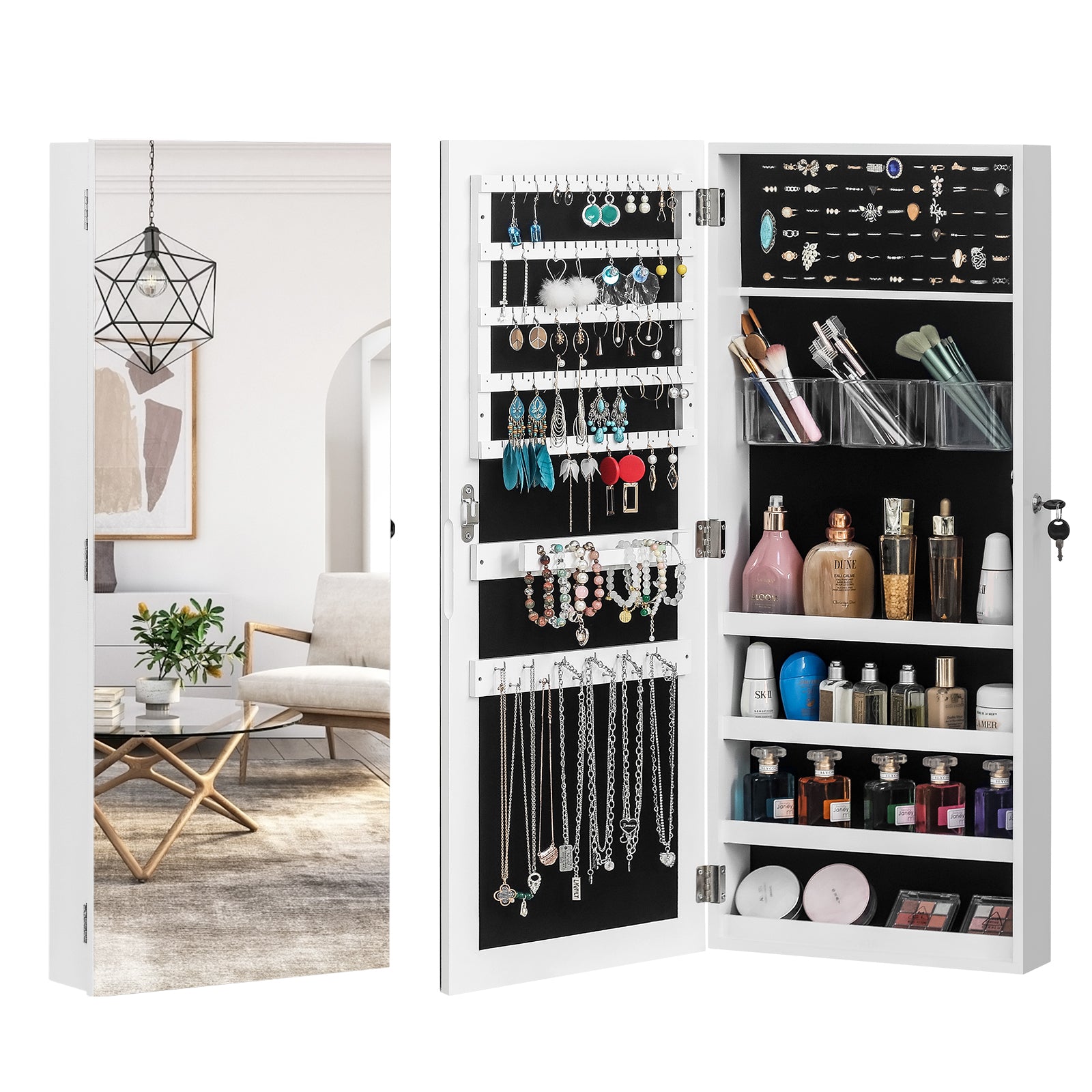 HAOYYE Full-Length PVC Film Mirror Jewelry Cabinet with Lock | Wall-Mounted Organizer with Velvet Lining | Durable Multipurpose Jewelry Storage Cabinet | Modern Space-Saving Design | Ideal for Bedroom and Dressing Room