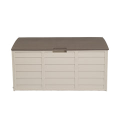 HAOYYE 75 Gallon Outdoor Storage Deck Box with Wheels Waterproof 260L Brown Plastic Garden Chest for Tools Cushions Toys Lockable Lid Seat