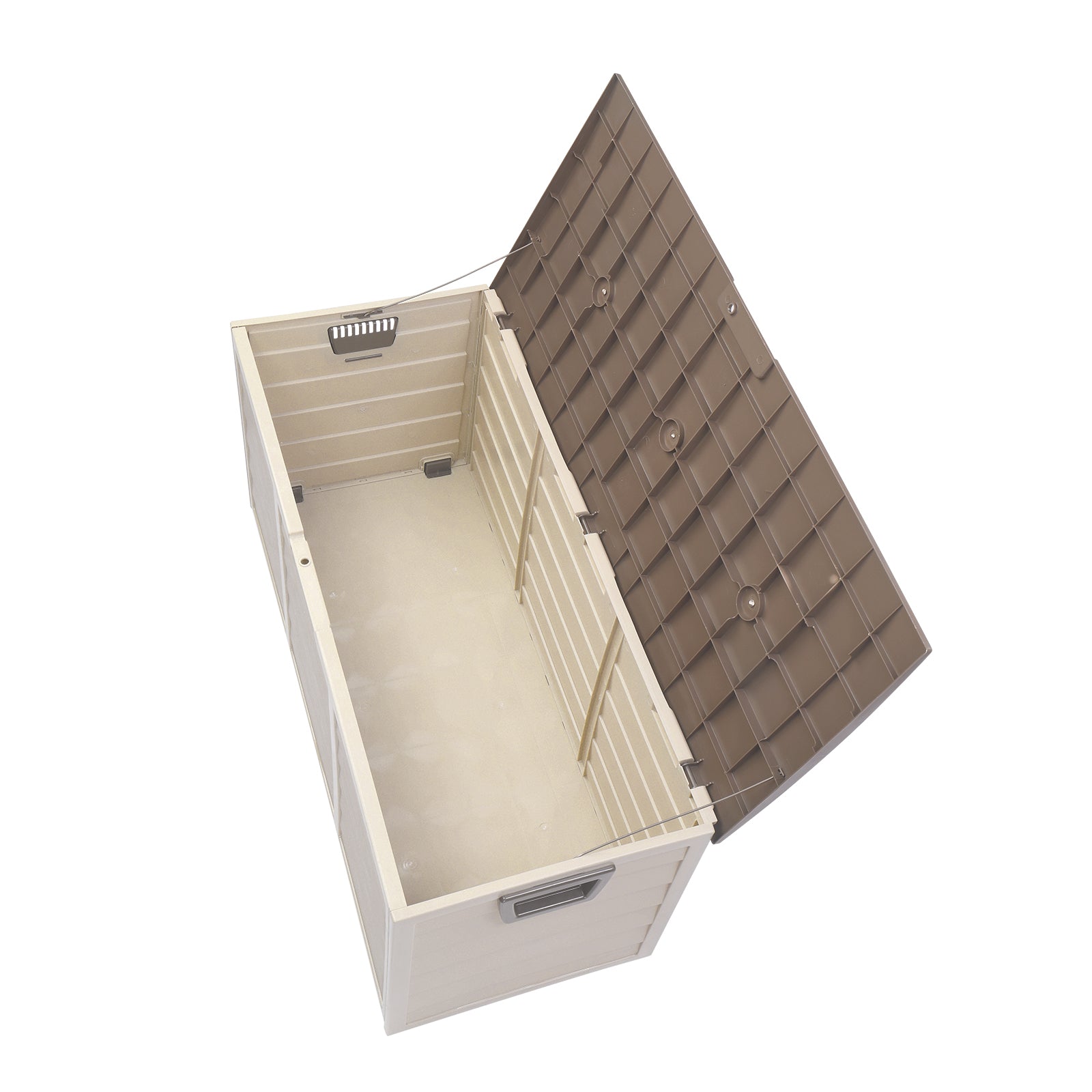 HAOYYE 75 Gallon Outdoor Storage Deck Box with Wheels Waterproof 260L Brown Plastic Garden Chest for Tools Cushions Toys Lockable Lid Seat