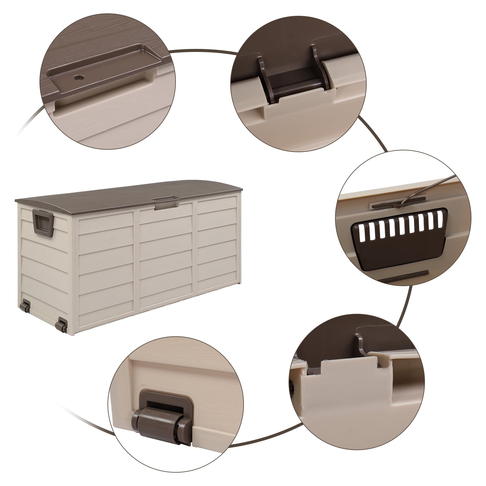 HAOYYE 75 Gallon Outdoor Storage Deck Box with Wheels Waterproof 260L Brown Plastic Garden Chest for Tools Cushions Toys Lockable Lid Seat