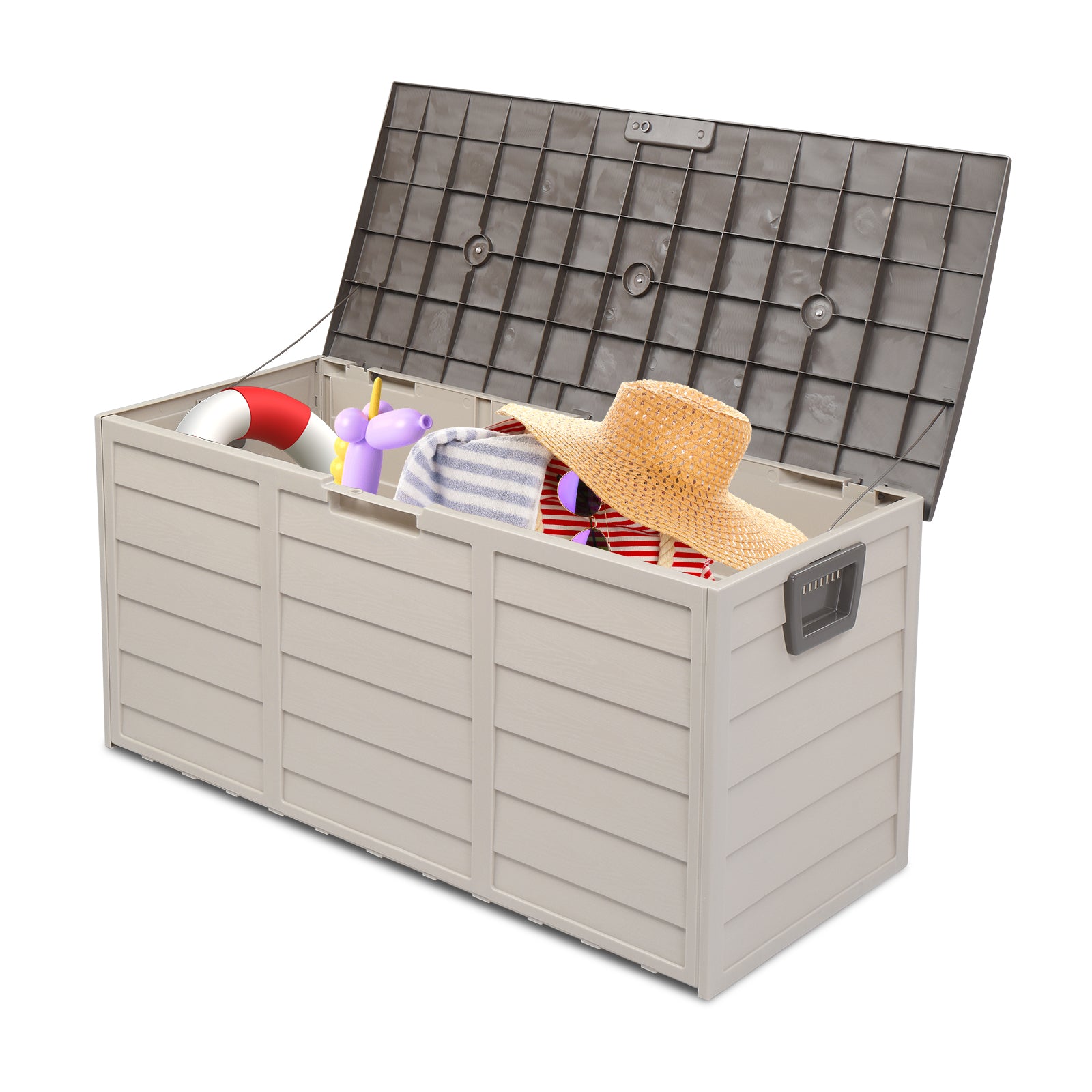 HAOYYE 75 Gallon Outdoor Storage Deck Box with Wheels Waterproof 260L Brown Plastic Garden Chest for Tools Cushions Toys Lockable Lid Seat