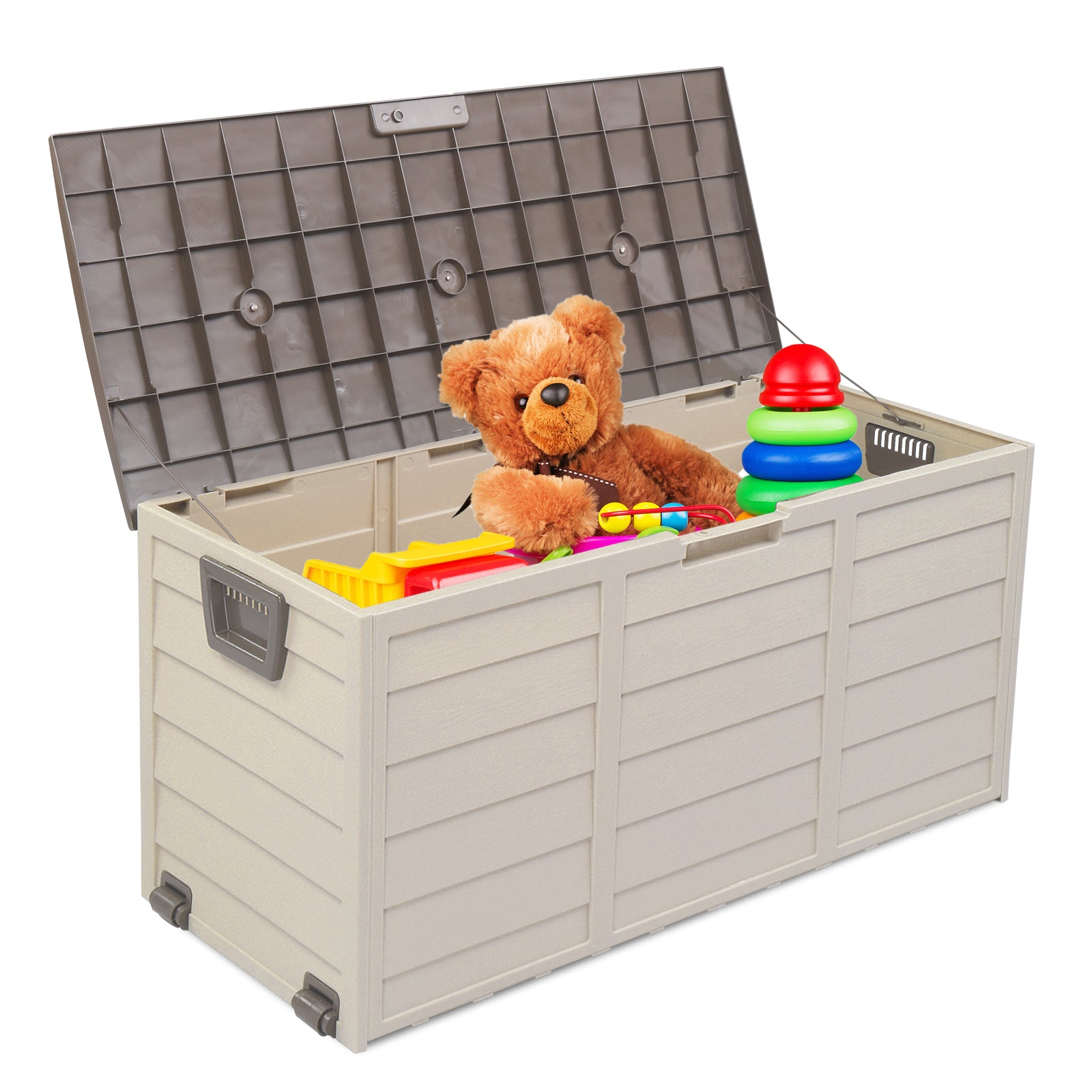 HAOYYE 75 Gallon Outdoor Storage Deck Box with Wheels Waterproof 260L Brown Plastic Garden Chest for Tools Cushions Toys Lockable Lid Seat