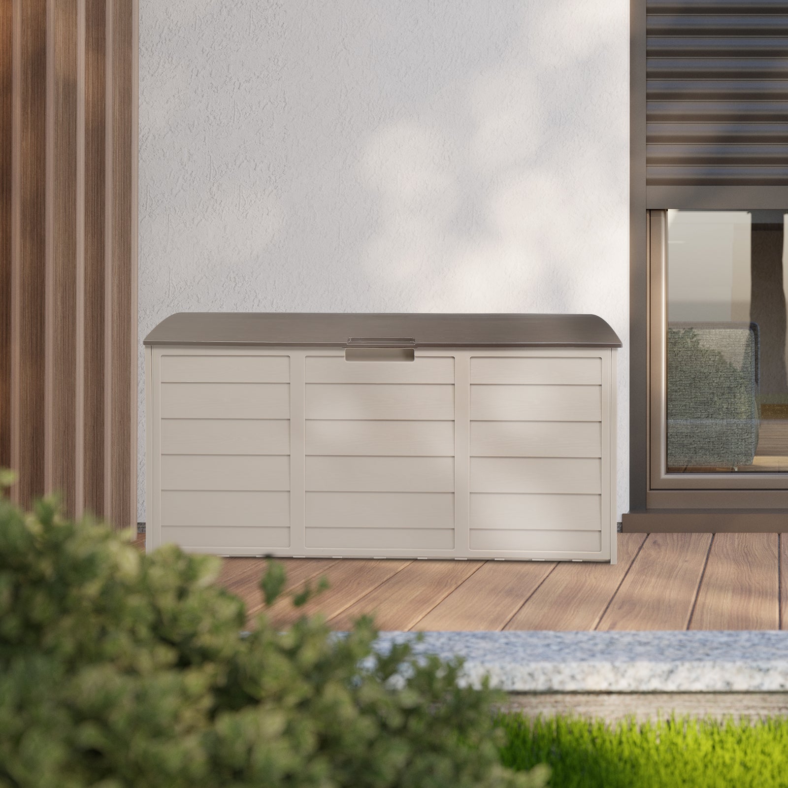 HAOYYE 75 Gallon Outdoor Storage Deck Box with Wheels Waterproof 260L Brown Plastic Garden Chest for Tools Cushions Toys Lockable Lid Seat
