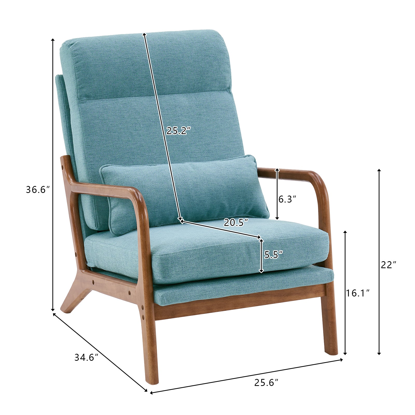 HAOYYE High Back Solid Wood Armrest Backrest Iron Frame Linen Indoor Leisure Chair Teal Soft Cozy Warm Flannel Fleece Home Decor Luxury Comfortable Unique Design Premium Quality Decorative Accent Chair for Living Room Bedroom