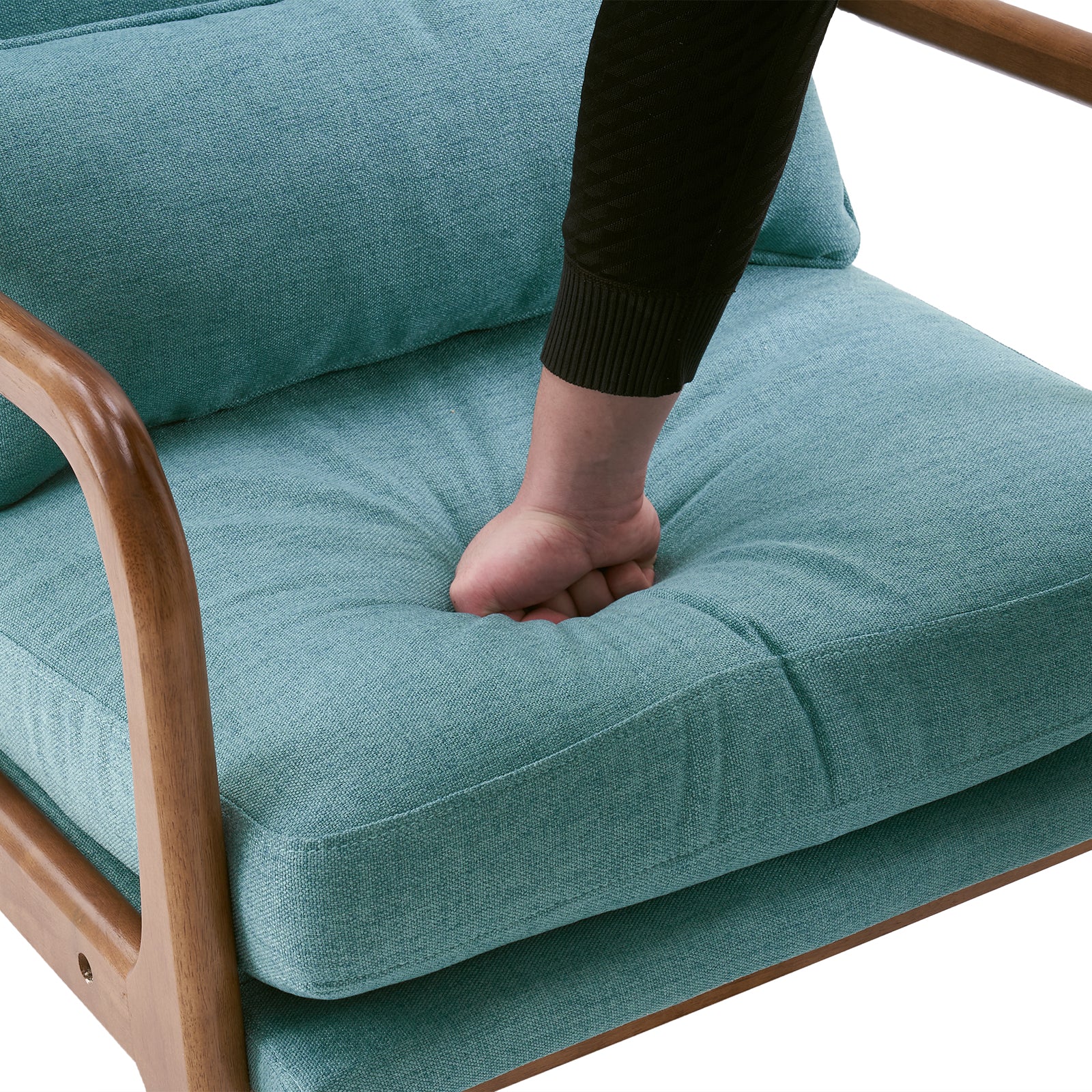 HAOYYE High Back Solid Wood Armrest Backrest Iron Frame Linen Indoor Leisure Chair Teal Soft Cozy Warm Flannel Fleece Home Decor Luxury Comfortable Unique Design Premium Quality Decorative Accent Chair for Living Room Bedroom