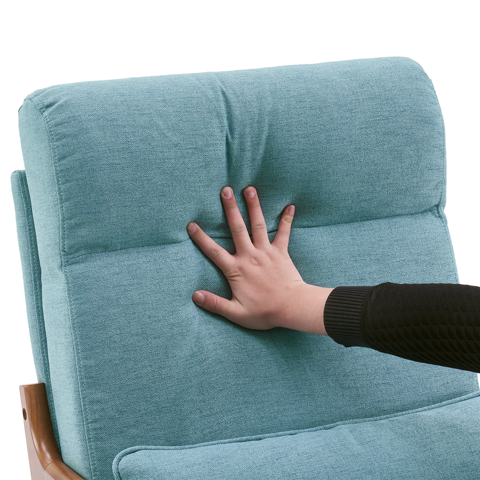 HAOYYE High Back Solid Wood Armrest Backrest Iron Frame Linen Indoor Leisure Chair Teal Soft Cozy Warm Flannel Fleece Home Decor Luxury Comfortable Unique Design Premium Quality Decorative Accent Chair for Living Room Bedroom