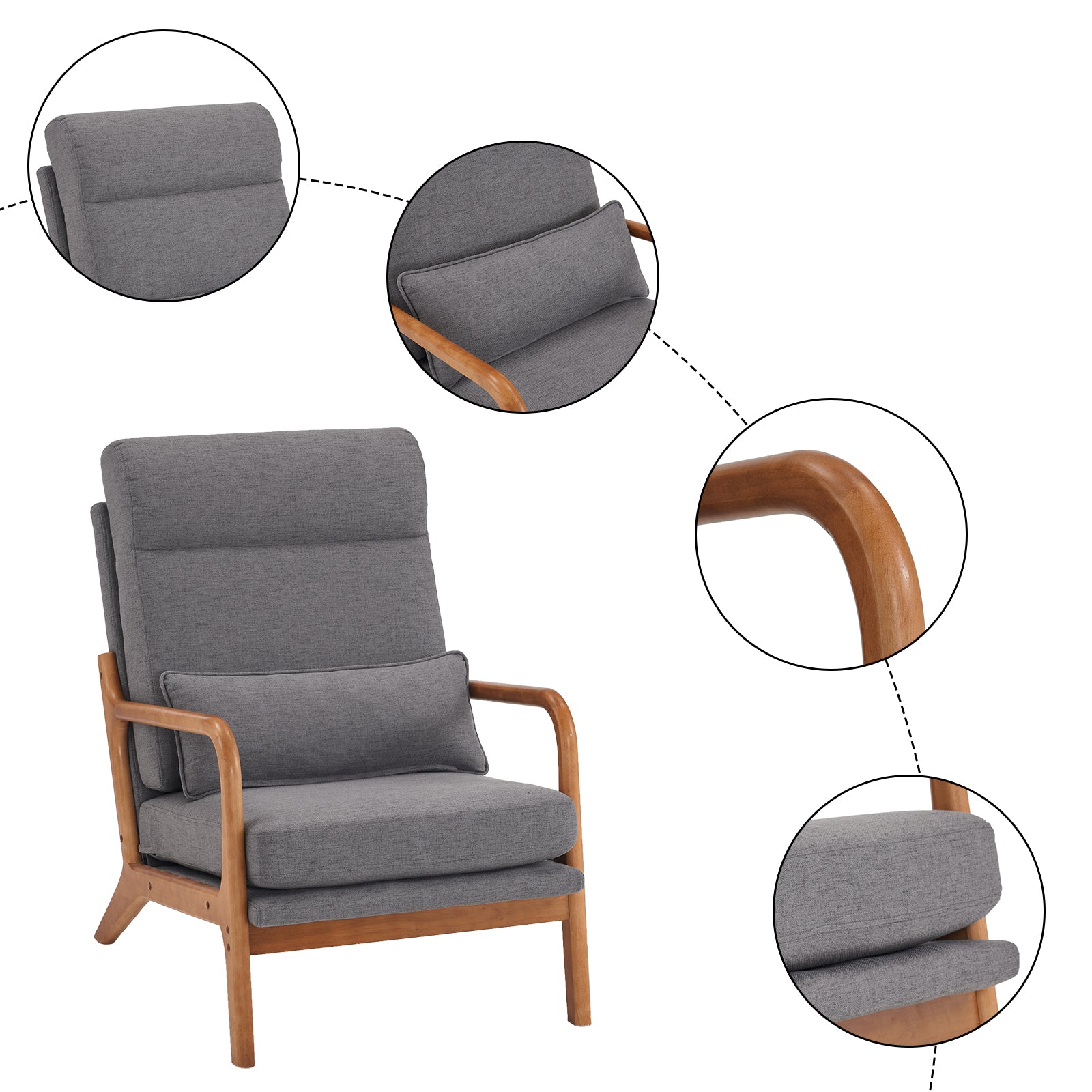HAOYYE High Back Solid Wood Armrest Backrest Iron Frame Linen Indoor Leisure Chair, Dark Grey, Premium Quality, Soft Cozy Warm Flannel Fleece Fabric, Comfortable and Stylish Design for Living Room, Bedroom, Office, Luxury Home Decor