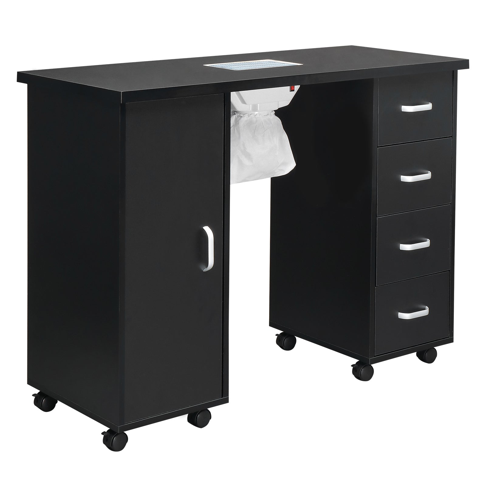 HAOYYE Black Nail Table with Fan Modern Manicure Station for Salon or Home Use MDF Single Door Design with 4 Removable Drawers Lockable Storage Easy to Clean Durable and Professional Nail Desk Workstation
