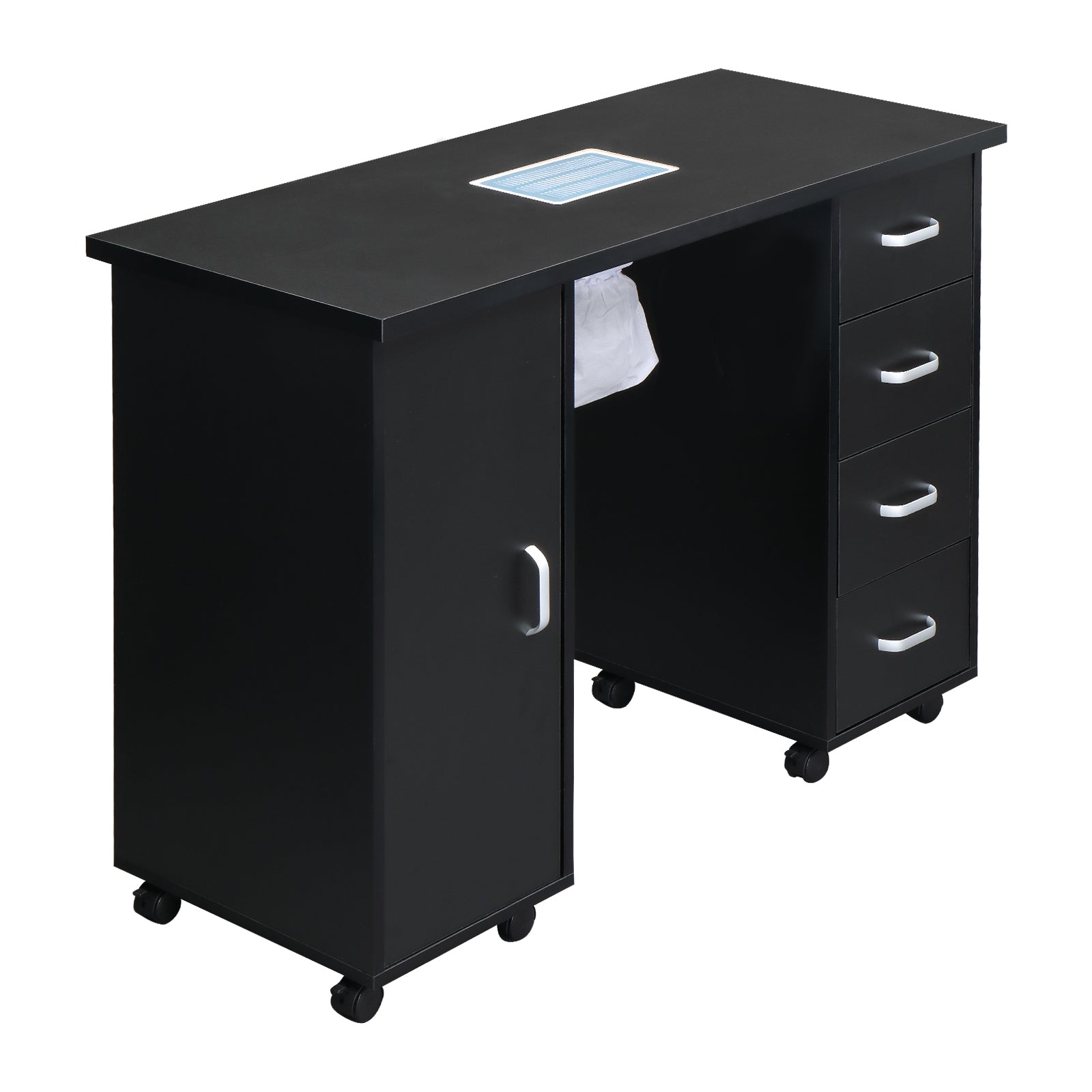 HAOYYE Black Nail Table with Fan Modern Manicure Station for Salon or Home Use MDF Single Door Design with 4 Removable Drawers Lockable Storage Easy to Clean Durable and Professional Nail Desk Workstation